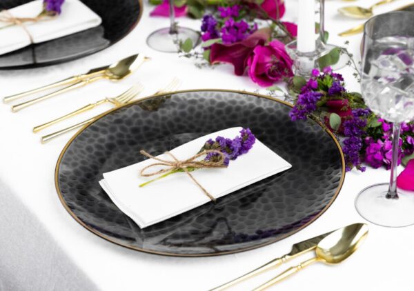 Black and Gold Rim Transparent Hammered 13-Inch Round Plastic Charger Plates - Set of 4 | Elegant Dinnerware for Weddings, Parties, and Formal Dining Events