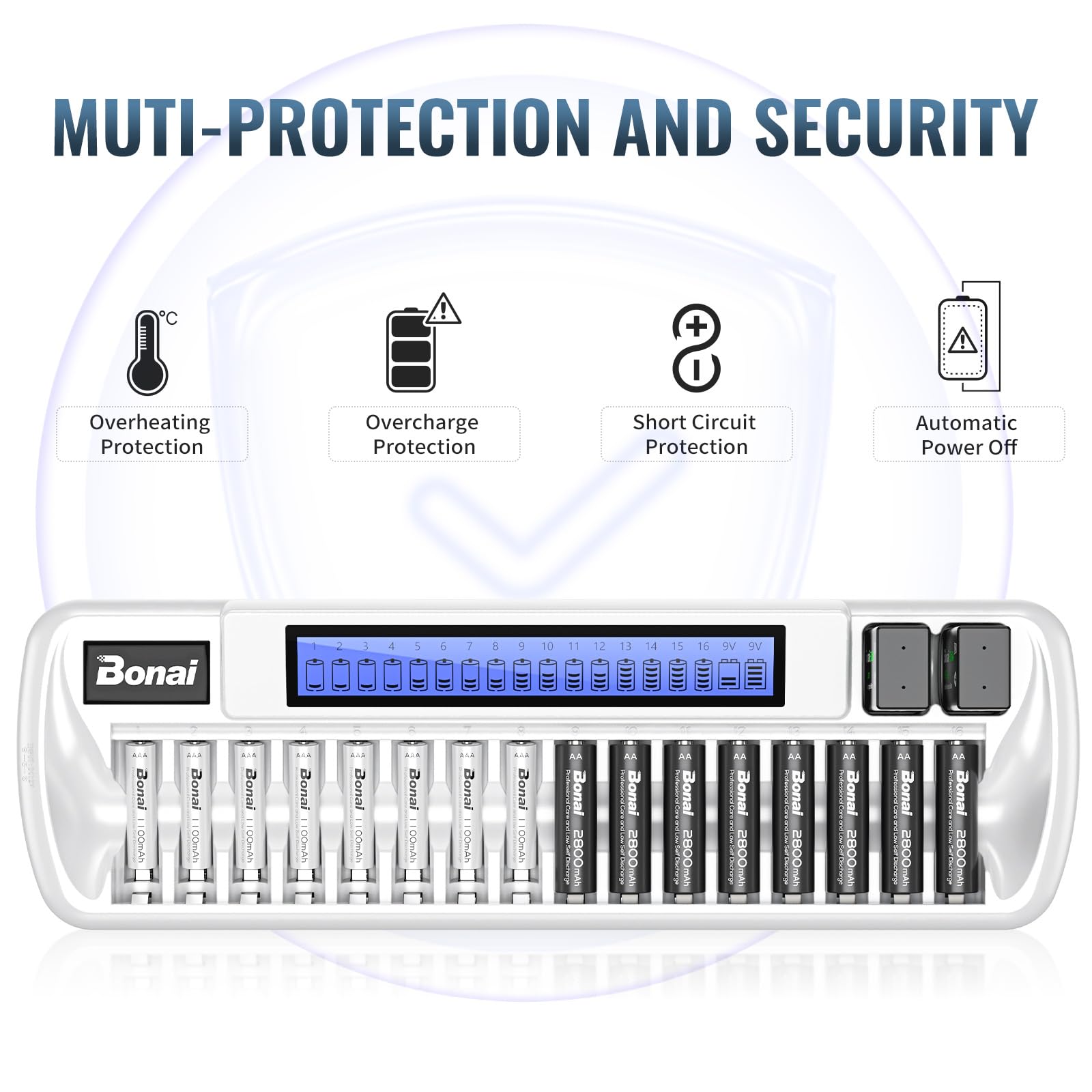 Bonai 16+2 Bay Smart LCD Battery Charger for AA AAA 9V NiMH NiCD Rechargeable Batteries - Independent Control with AC Adapter (White) - Perfect for Home, Office, and Emergency Power Backup