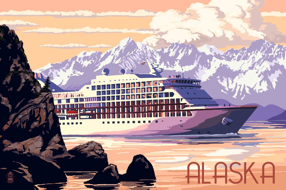 Alaska Cruise Ship Sunset Landscape Art Print - 24x36 Signed Wall Decor Poster for Living Room, Bedroom & Office