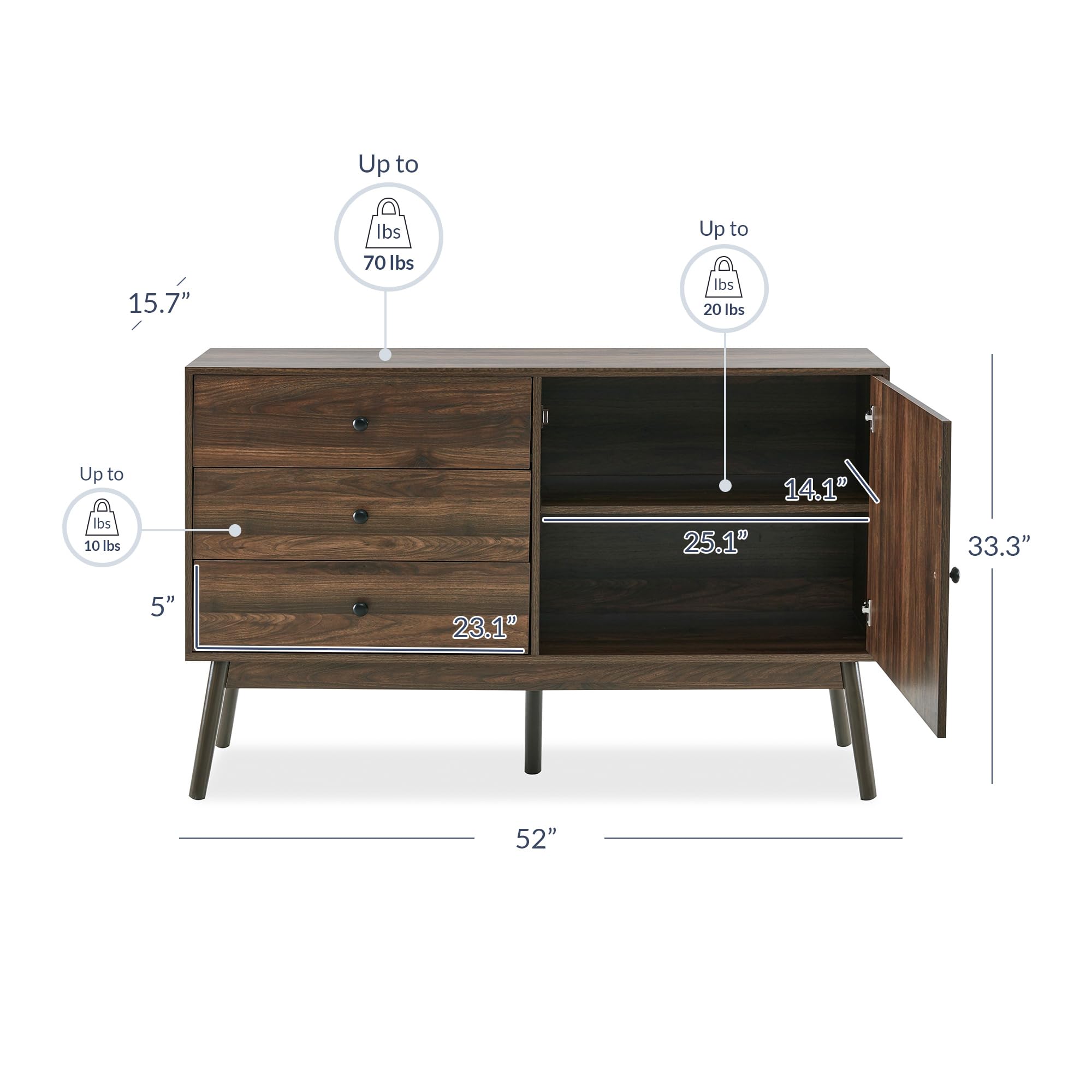BELLEZE Mid Century Modern 52 Inch Sideboard Buffet Cabinet with Drawers - Dark Walnut TV Stand Entertainment Center for Living Room, Kitchen & Dining Room Storage Solution