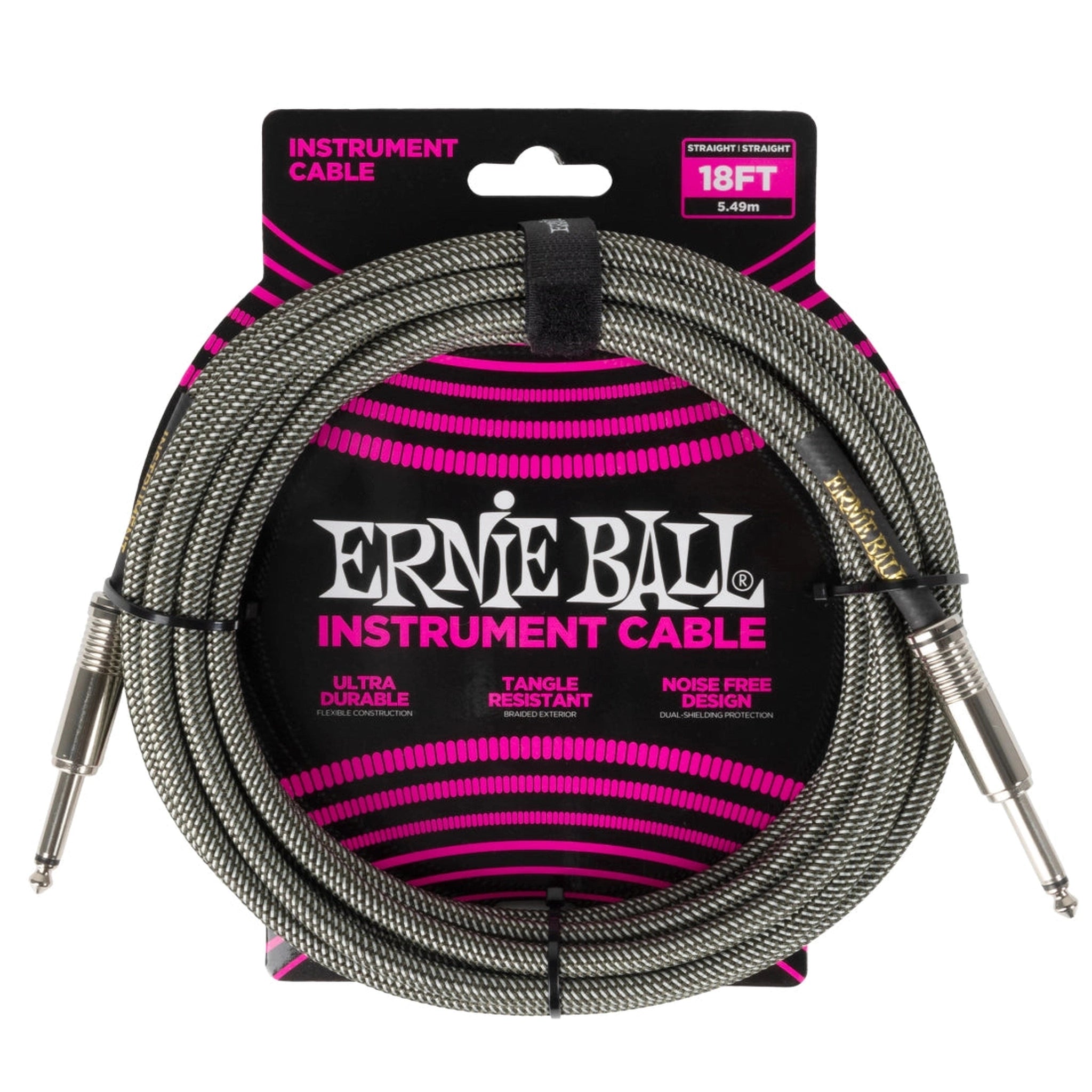 Ernie Ball 18ft Braided Instrument Cable - Silver Fox - High-Quality Guitar/Bass Cable for Professional Musicians & Home Studios - Perfect for Live Performances, Recording Sessions & Music Practice
