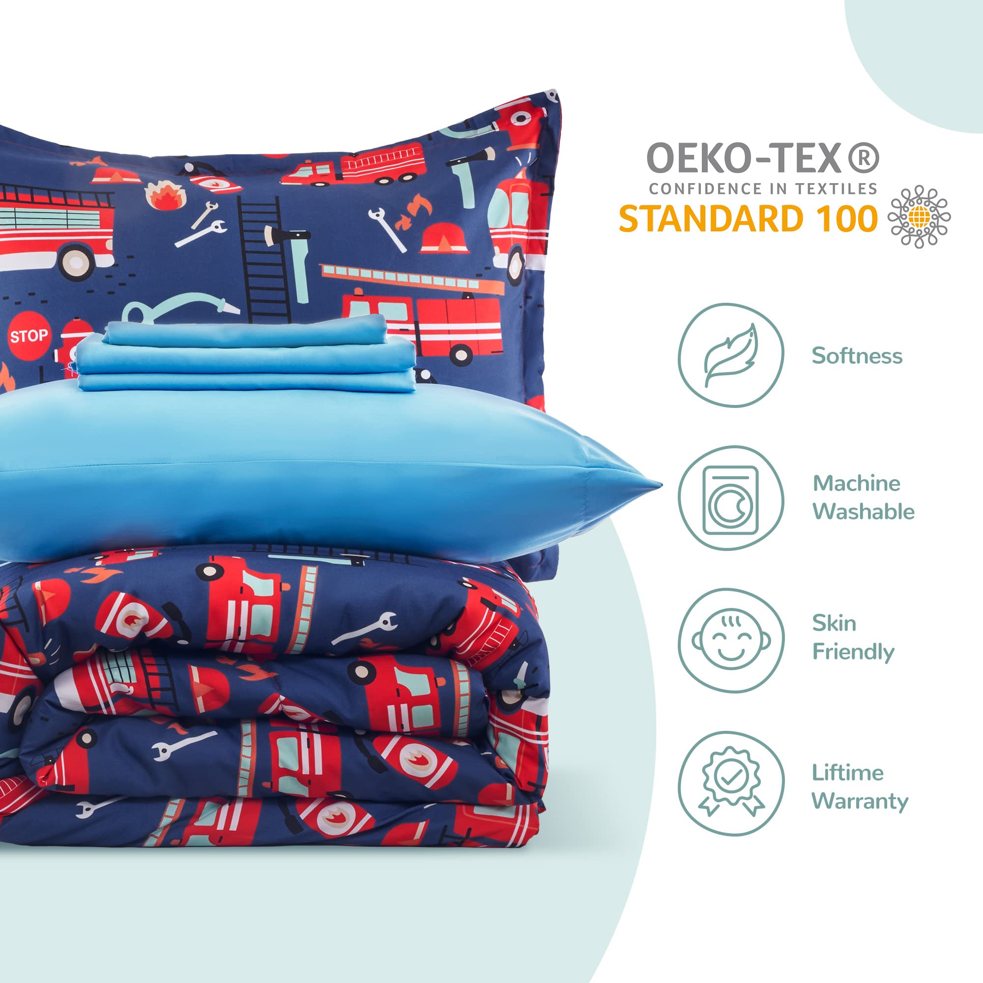 Kids Twin Bedding Set - 5 Piece Super Soft Comforter Set with Sheet, Pillowcase & Sham | Fade Resistant & Easy Care | Fire Truck Design | Perfect for Boys' Bedroom, Sleepovers & Nursery Decor