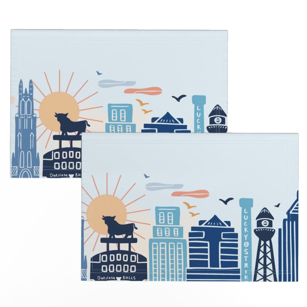 Premium Linen Cotton Canvas Placemats Set of 2 - Durham Skyline North Carolina Bull City Print Table Mats for Dining Room Decor | Spoonflower Washable Fabric Placemats for Kitchen & Party Settings