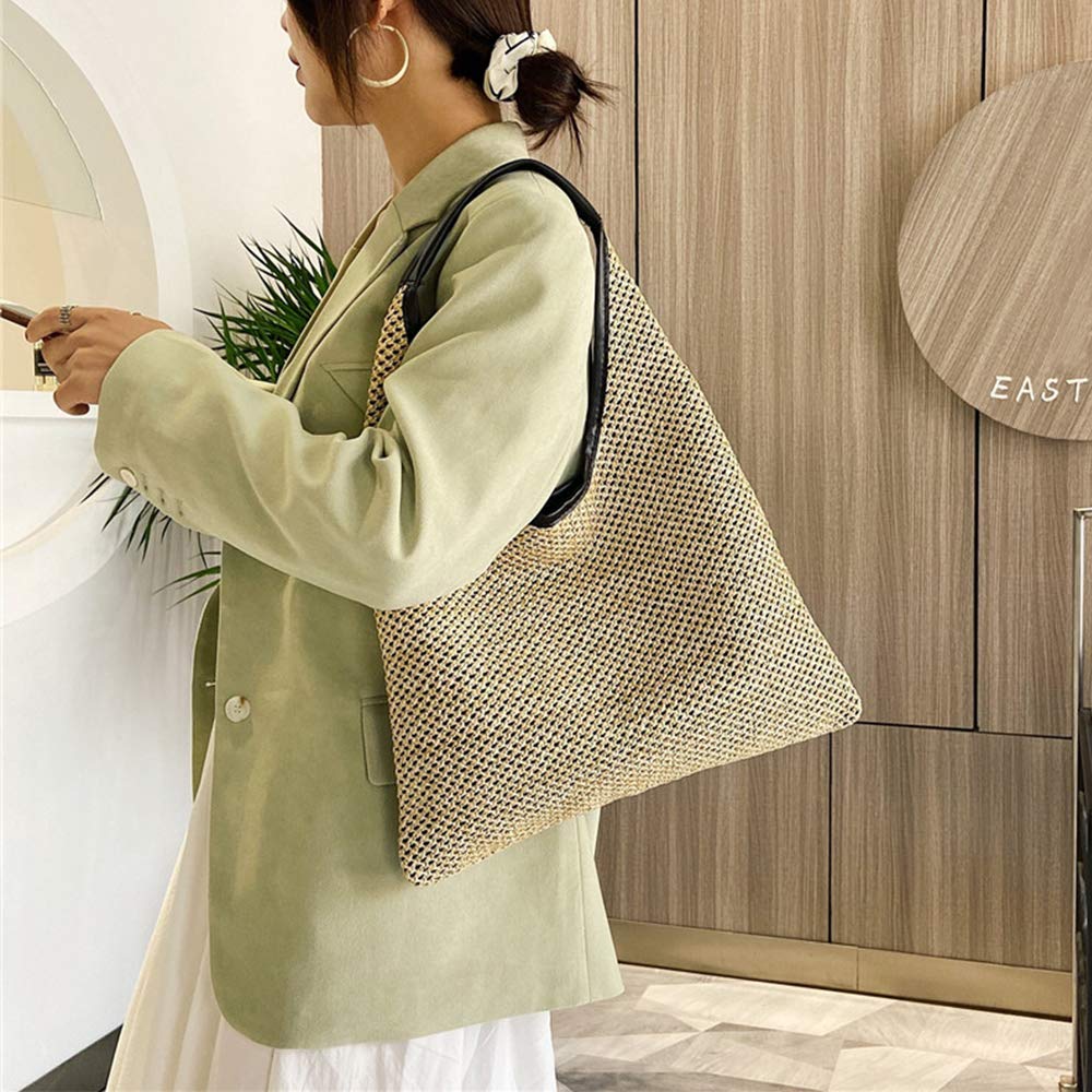 Boho Straw Tote Bag with Leather Handle - Beach & Travel