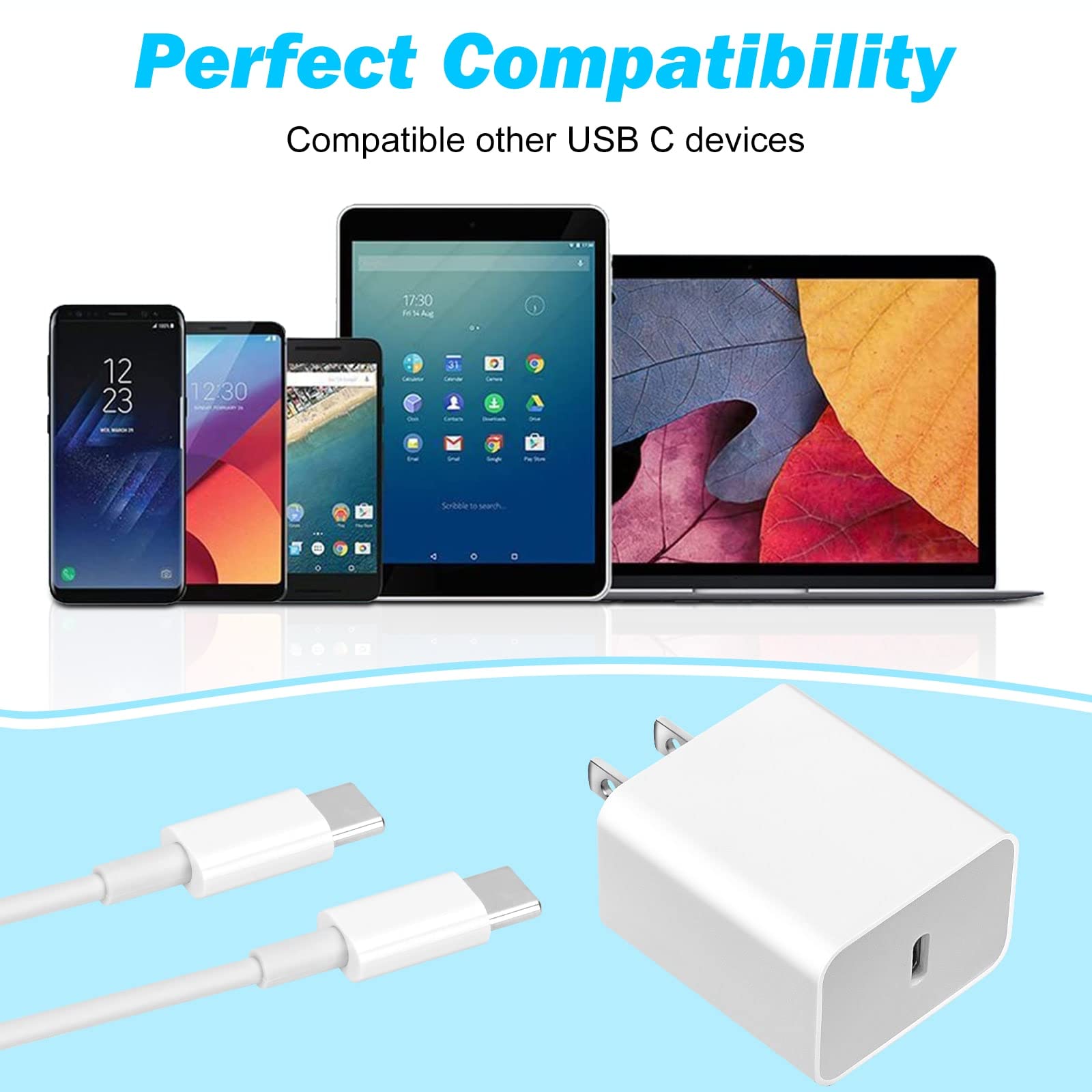 18W PD Fast Charger with 6.6ft USB-C Cable - Rapid USB-C Wall Charger for vivo V23 5G, Pixel, iPhone & Android Devices | Perfect for Travel, Home & Office Charging