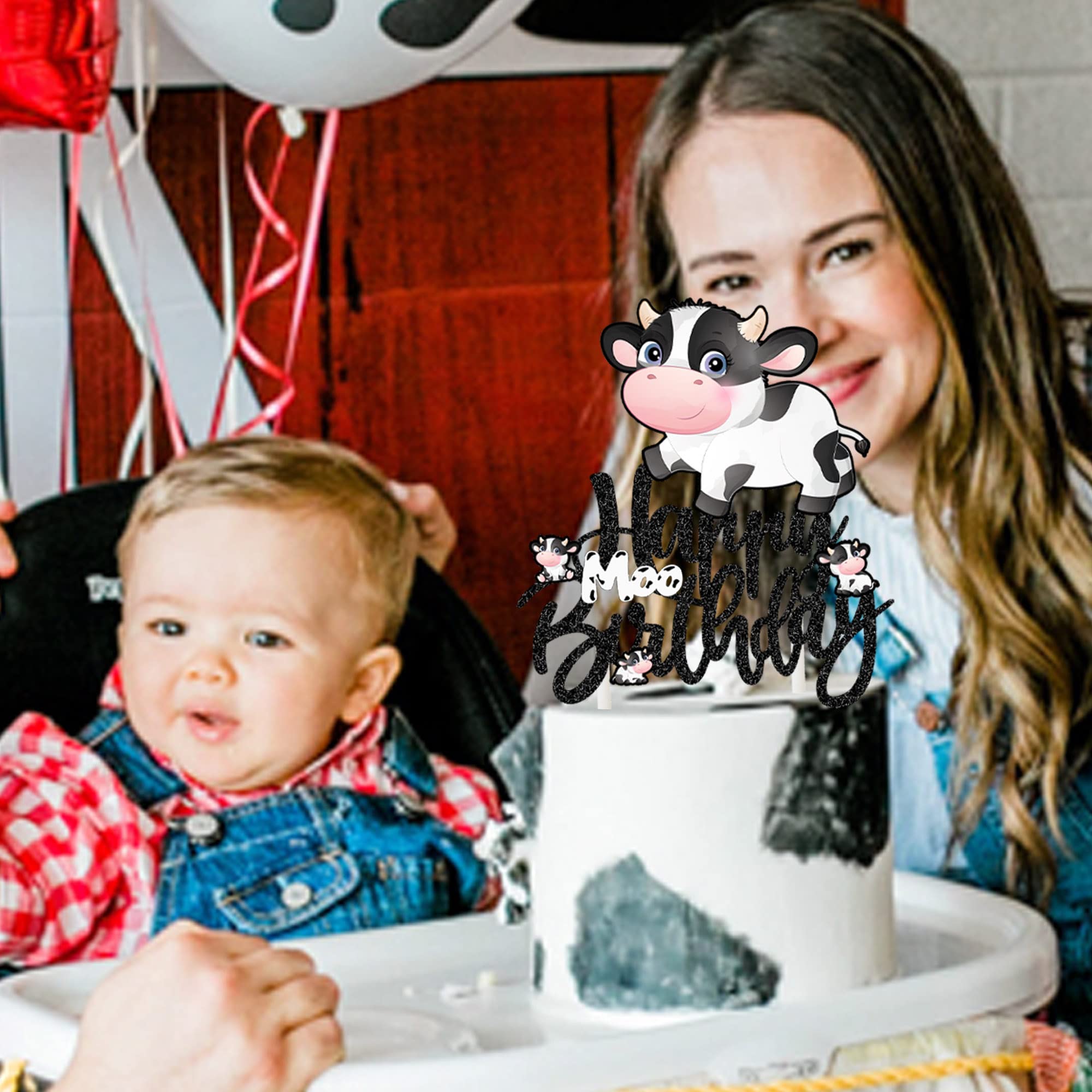 Happy Birthday Cow Cake Topper - Glitter Farm Animal Party Decorations for Kids Birthday, Baby Shower & Zoo Themed Events - Perfect for Farm-Themed Cakes, Cupcakes and Party Desserts