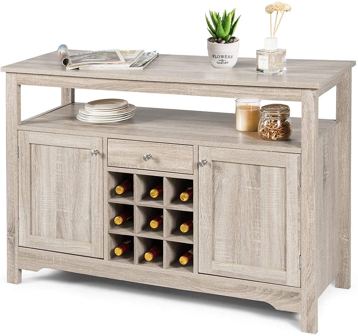 Farmhouse Buffet Sideboard with Wine Rack - Wooden Kitchen Organizer with 2 Cabinets, 1 Drawer & 9 Wine Slots - Rustic Dining Room Storage Cupboard & Server Table for Home, Restaurant & Bar Use