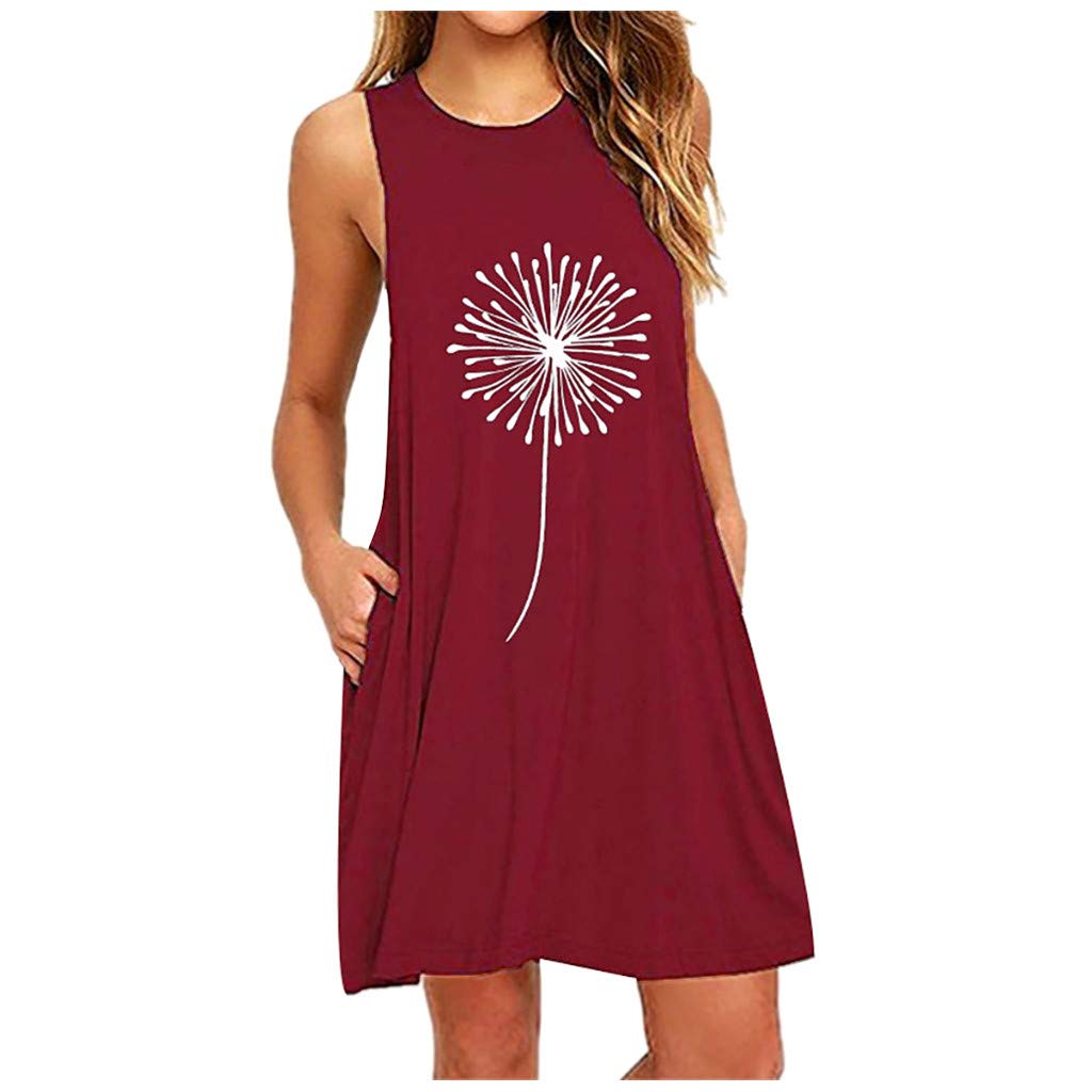 Women's Casual Sundress with Pockets - Floral Dandelion Print Sleeveless Summer Dress for Beach, Vacation & Spring Outfits | Lightweight Nightdress for Relaxing at Home