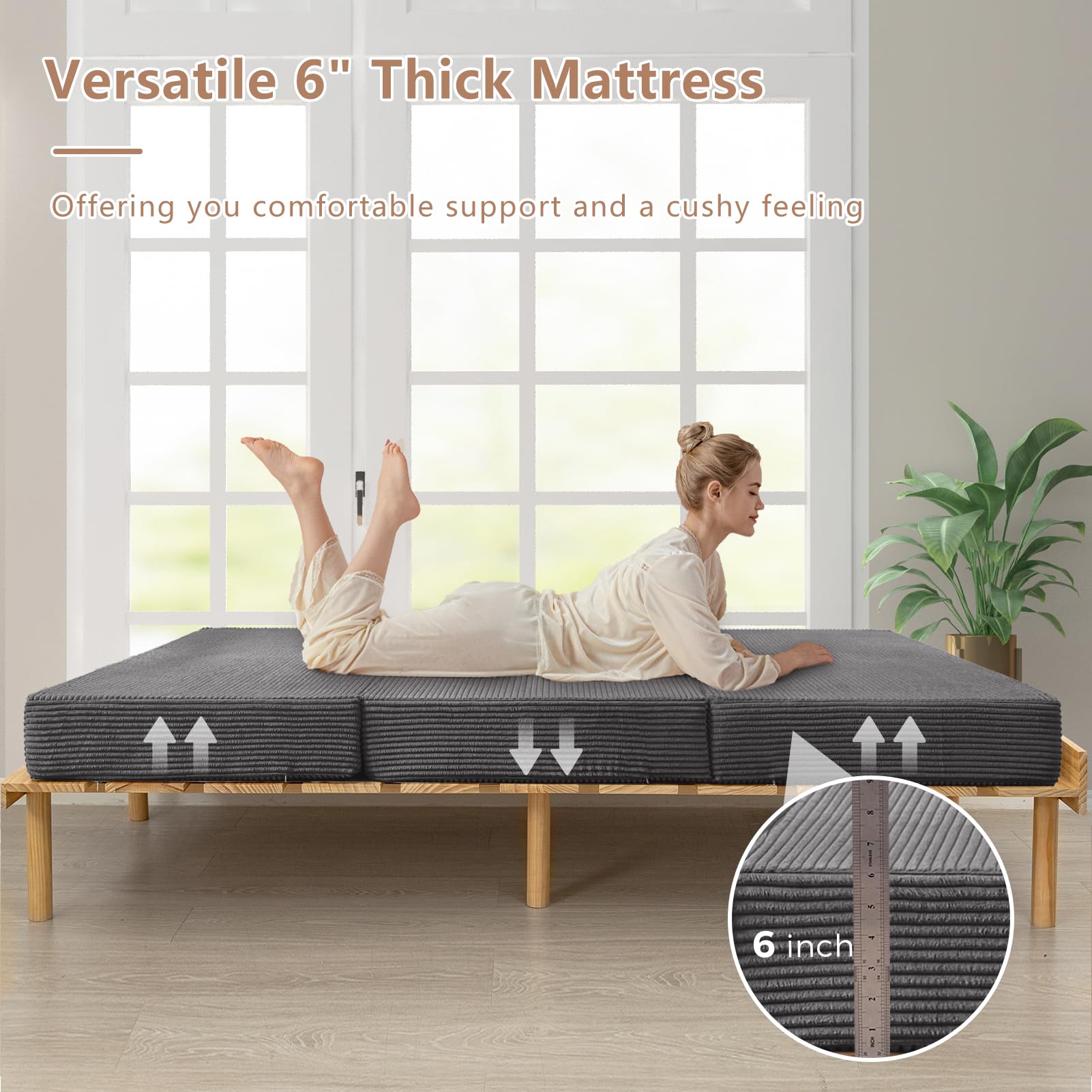 MAXYOYO 6 Inch Corduroy Tri-Folding Gel Memory Foam Mattress Topper - Foldable Guest Bed & Camping Pad in Carbon Grey | Perfect for Spare Rooms, Sleepovers & Outdoor Adventures