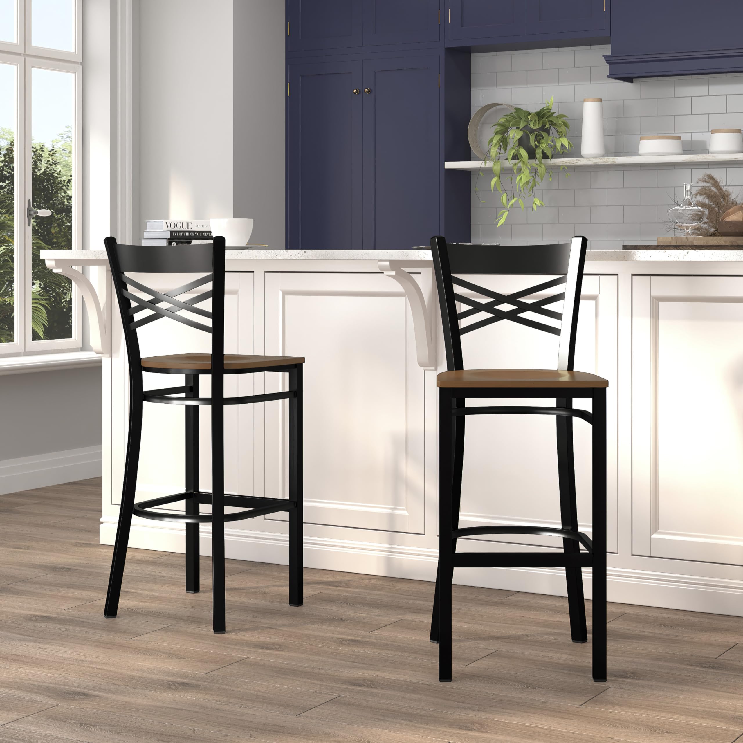 2 Pack Black X Back Metal Bar Stools with Cherry Wood Seat - Heavy Duty Counter Height Stools for Kitchen Island, Bar, Restaurant & Home Decor