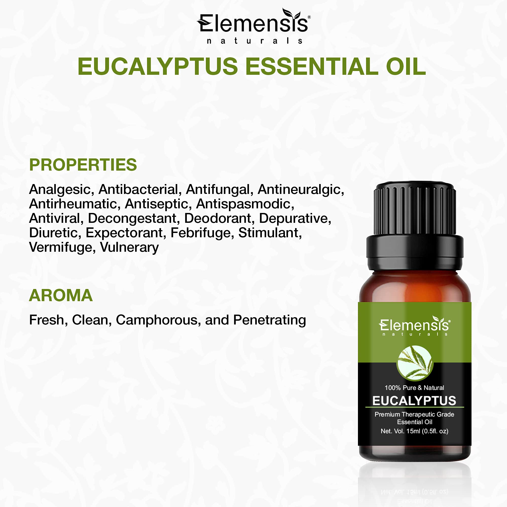 Elemensis Naturals 100% Pure Organic Eucalyptus Essential Oil - Undiluted, Natural Aromatherapy Oil for Cold, Cough & Pain Relief (Nilgiri Oil, 15ml) - Perfect for Diffusers, Massage & Home Spa