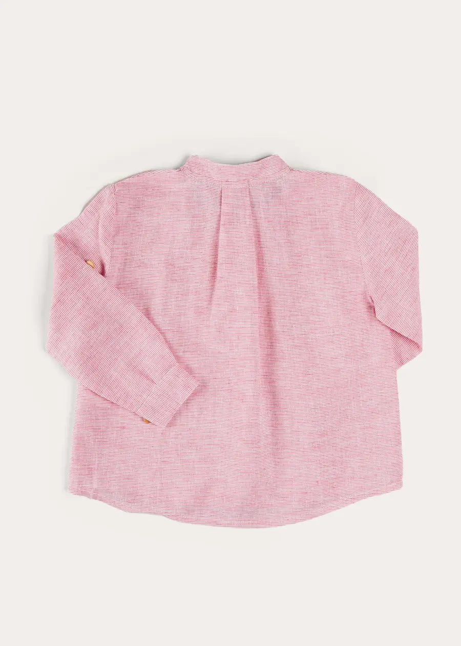 Lawrence Striped Mao Collar Long Sleeve Shirt - Red Cotton Kids Button Down Shirt for Boys & Girls (18 Months to 10 Years) | School Uniform, Family Photos & Holiday Outfits