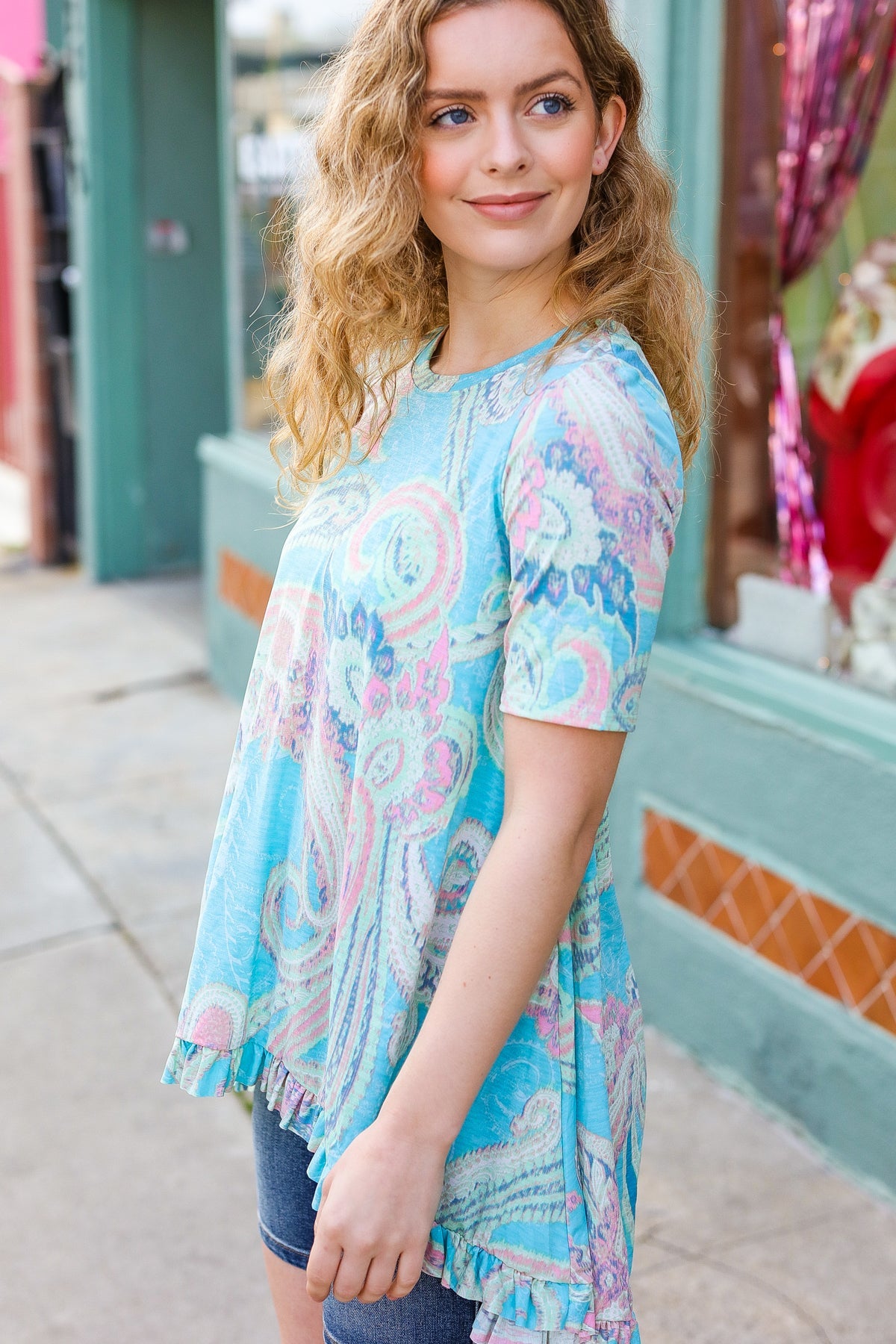 Hayzel Women's All About You Sky Blue Paisley Print Ruffle Hem Tunic Top - Casual Boho Blouse for Summer, Beach, and Date Night Outfits