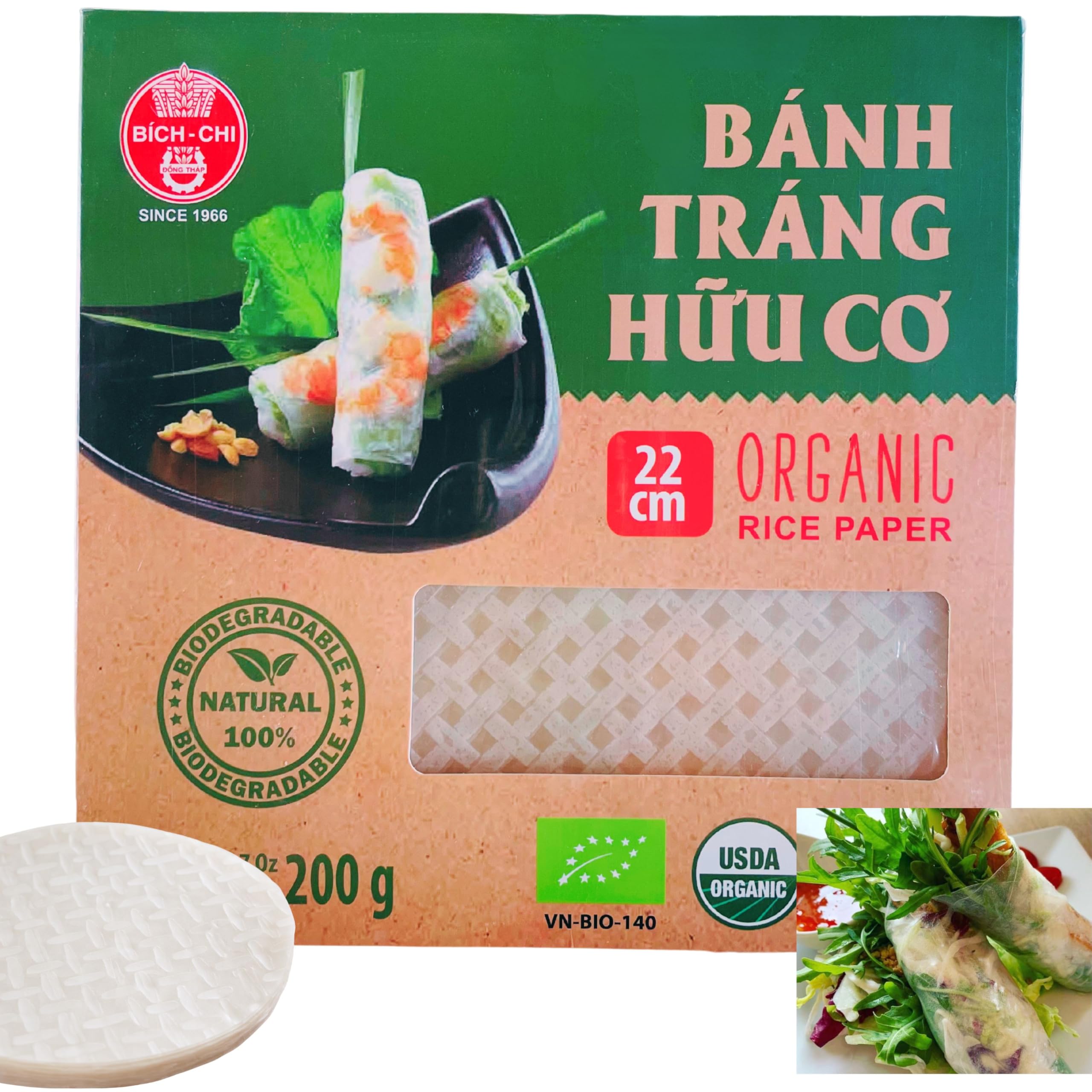 Authentic Vietnamese Organic Rice Paper Wrappers (22cm, 7oz) - USDA Organic, Non-GMO, Gluten-Free, Vegan & Halal Certified for Fresh Spring Rolls, Dumplings & Crispy Rice Paper Rolls | Perfect for Healthy Meals, Party Appetizers & Asian Cuisine