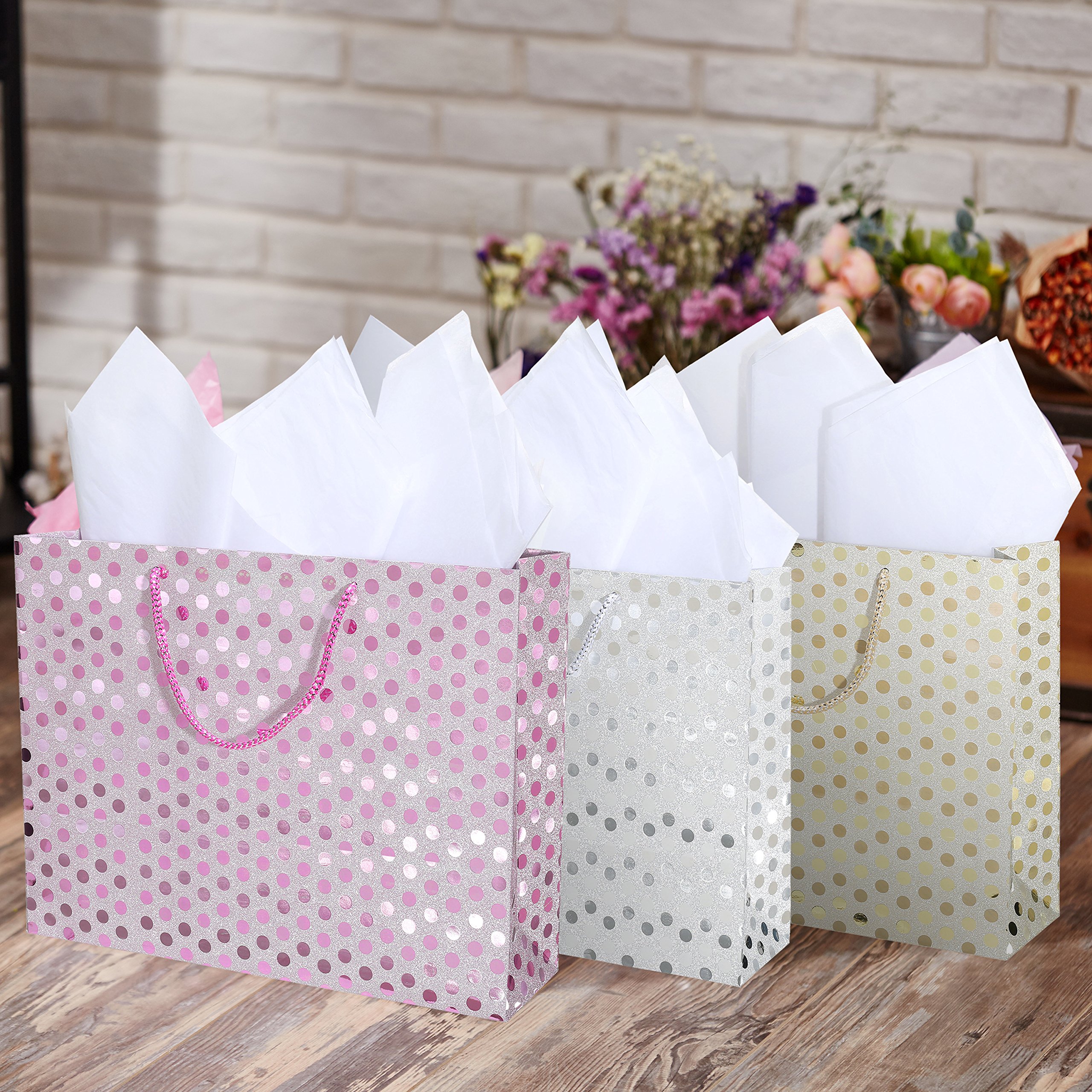15 X 12 Inch Glitter Polka Dot Gift Bags - Set of 3 Decorative Party Favor Bags for Birthdays, Weddings & Holidays | Perfect for Gift Wrapping, Party Decorations & Special Occasions