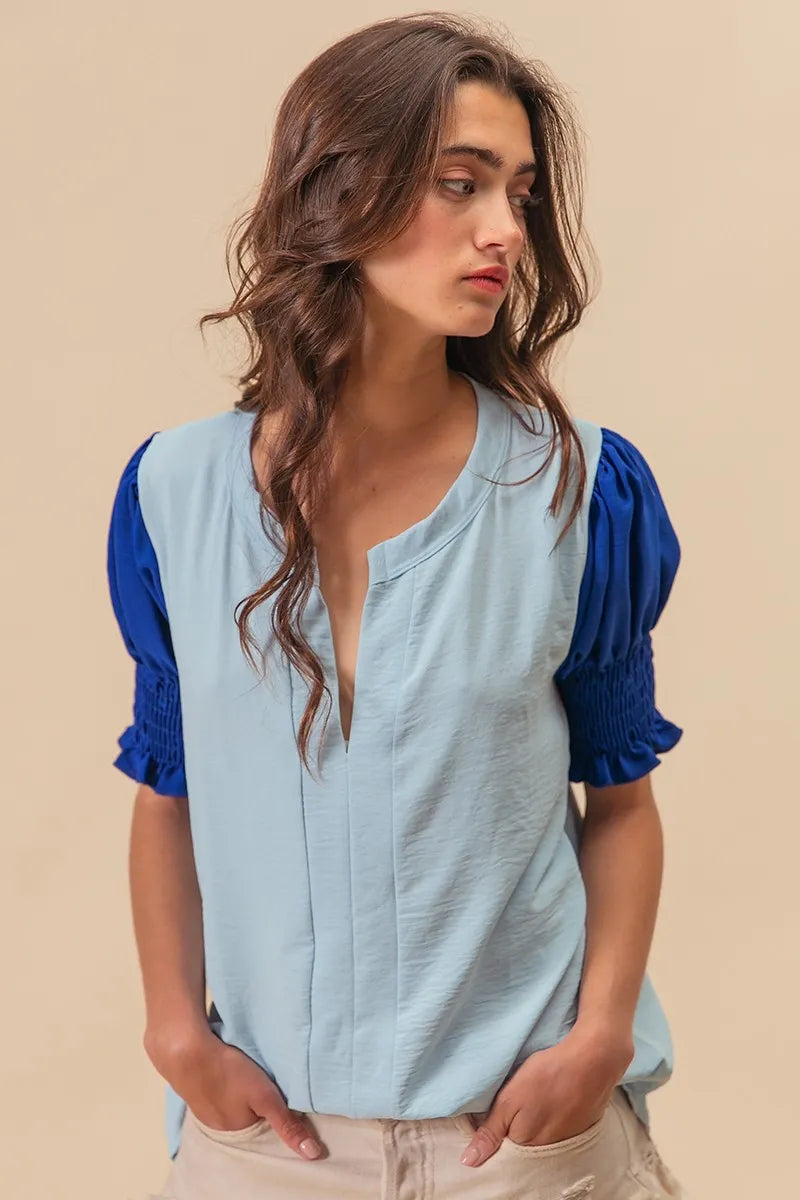 BiBi Air Flow Color Block Puff Sleeves V Neck Top - Breathable Summer Blouse for Women, Fashionable Casual Wear for Outings & Dates