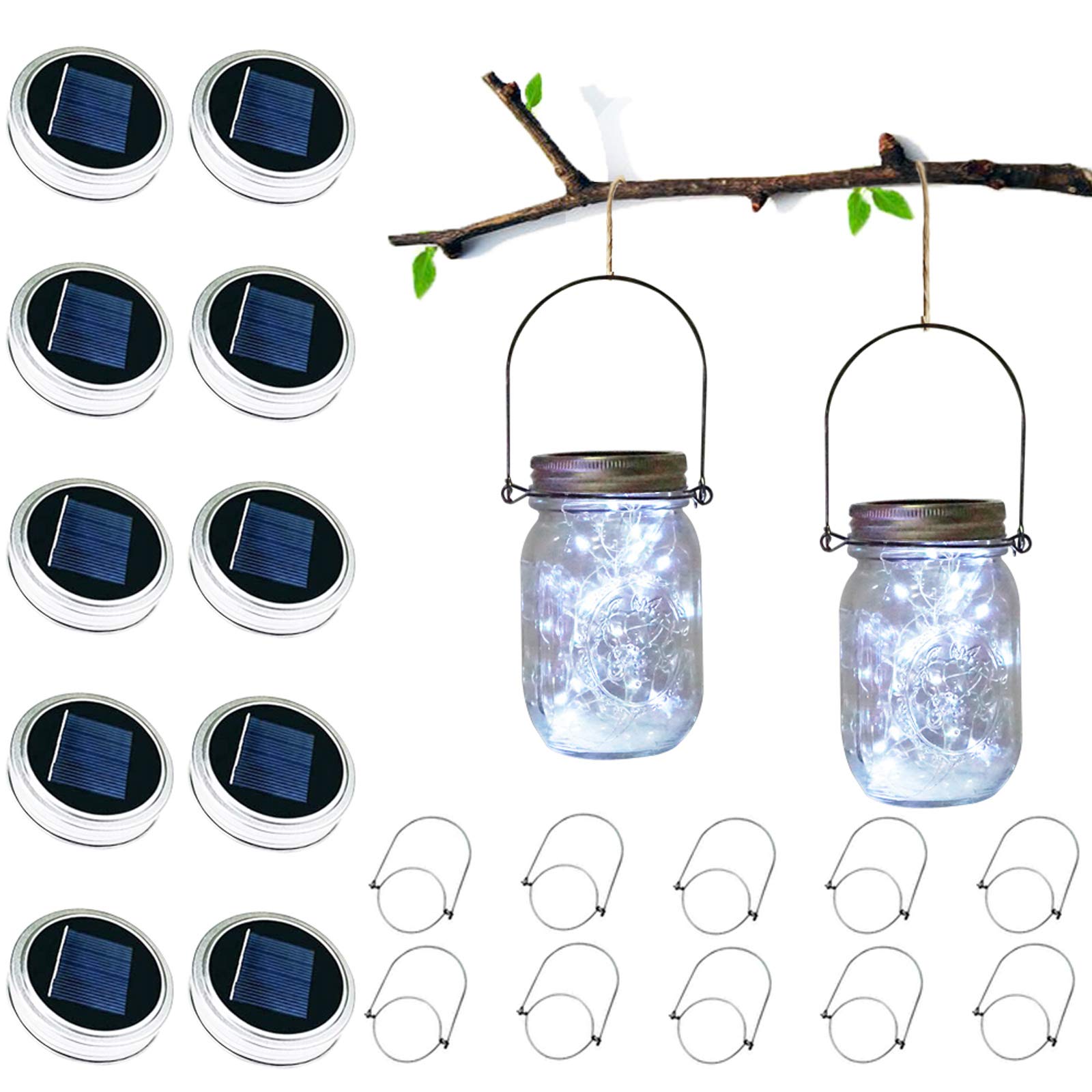 10 Pack Solar Mason Jar Lid Lights - 30 LED Waterproof Firefly Fairy String Lights with Hangers (No Jars Included) | Cool White Outdoor Starry Lights for Patio, Garden, Wedding & Lantern Decor | Perfect for Backyard Parties, Romantic Evenings and Holiday Celebrations