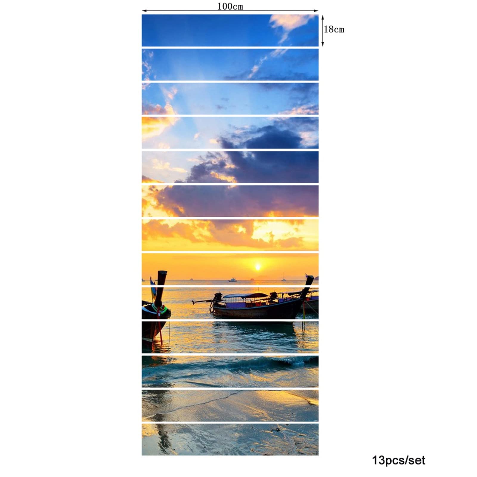 3D Self-Adhesive Removable Stair Stickers - Traditional Thai Boat Beach Sunset Scenery Vinyl Decals for Stairs, Kitchen Tiles & Walls (13-Piece Set) | Perfect for Home Decor, DIY Projects & Rental Property Upgrades