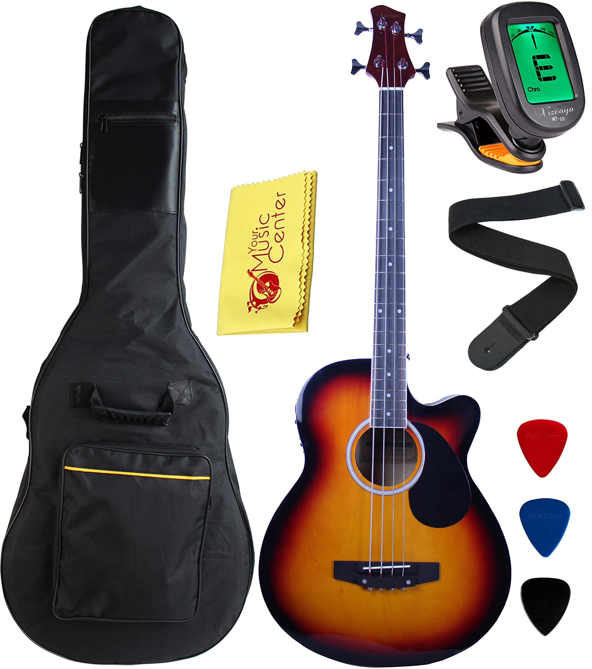 Full Size 4-String Cutaway Acoustic-Electric Bass Guitar with 4-Band EQ, Padded Gig Bag, Strap & Picks - Sunburst Finish | Perfect for Live Performances, Studio Recording & Practice Sessions