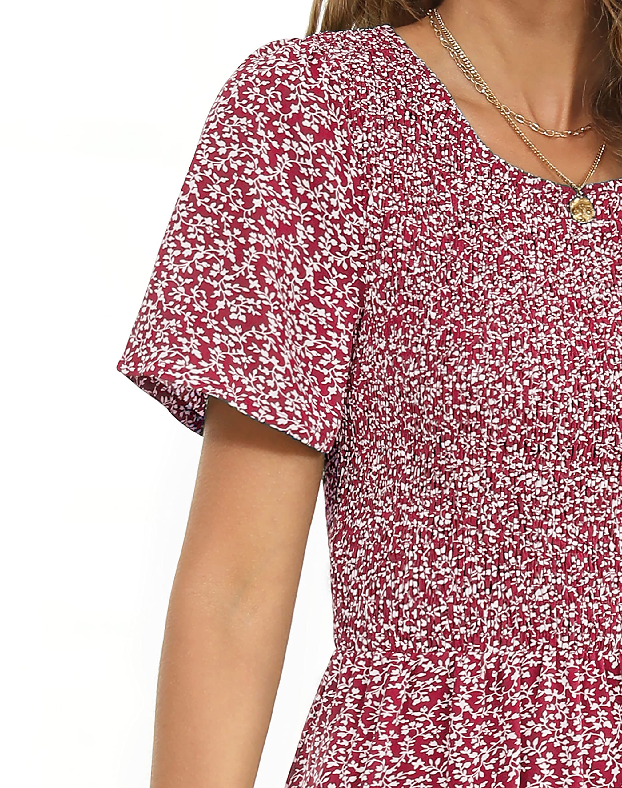 Maggeer Women's 2025 Spring Summer Smocked Wedding Guest Maxi Dress - Casual Short Sleeve Floral Boho Flowy Long Dress for Beach Parties, Garden Weddings & Vacation Getaways