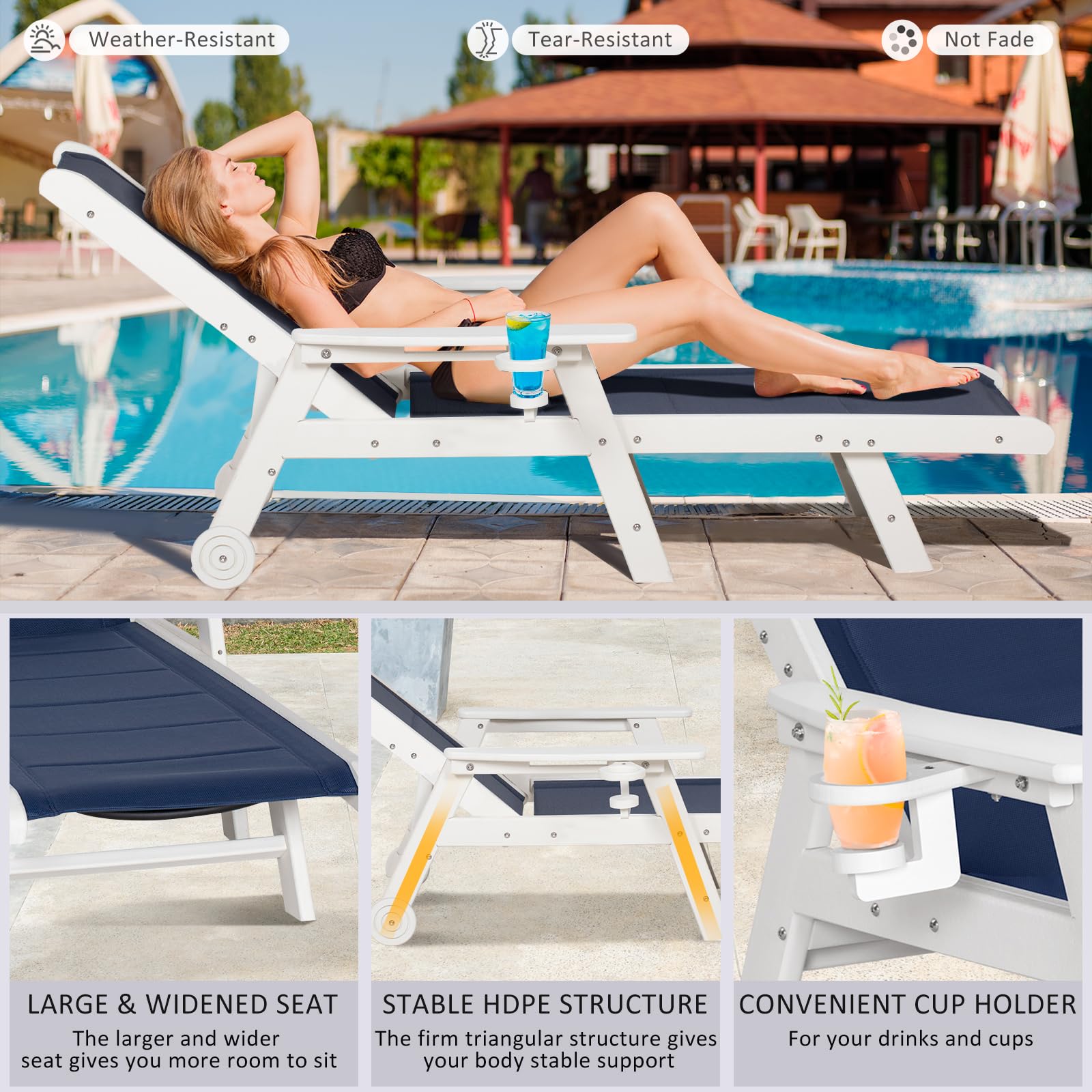 2-Pack Adjustable Outdoor Chaise Lounge Chairs with Wheels & Cup Holder - 5-Position Patio Poolside Chairs, HDPE Textilene Surface - Dark Blue & White - Perfect for Backyard, Garden, Beach & Pool Relaxation