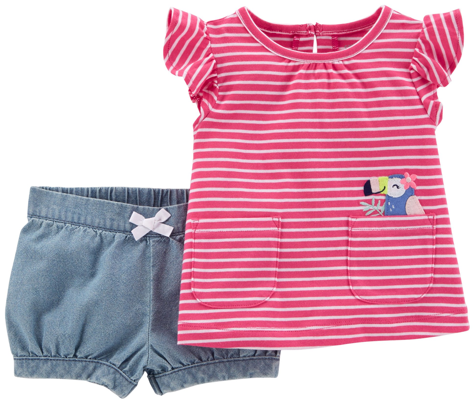 Carters Infant & Toddler Girls Pink Toucan Print Bird T-Shirt & Denim Shorts Set - Cute Summer Outfit for Baby Girls, Playdates & Photo Shoots
