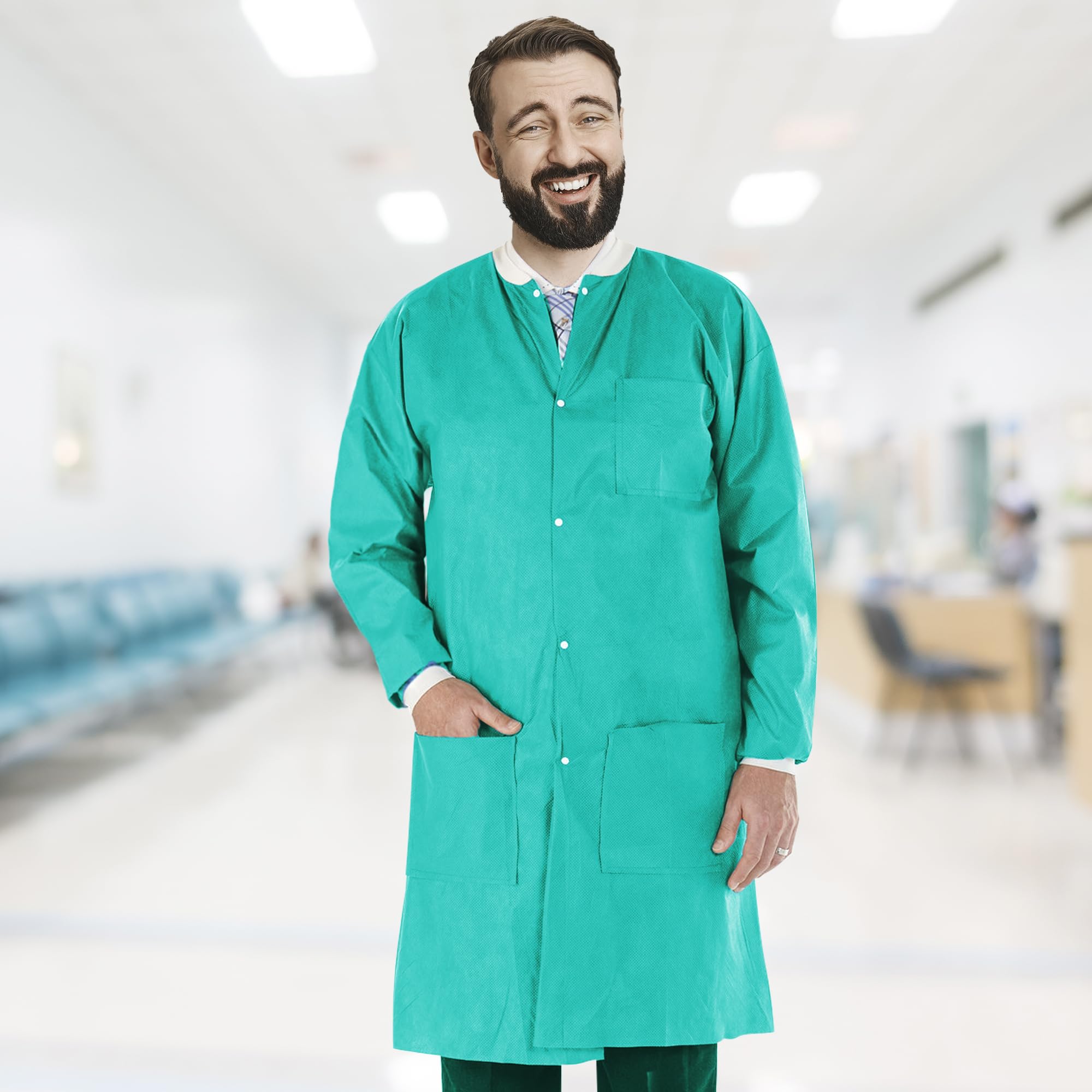 Disposable Lab Coats for Adults - 2X-Large Pack of 50, Teal Blue SMS Knee-Length Medical Lab Coats (45 GSM) with Cuffs, Collar & 3 Pockets - Ideal for Medical, Dental, Painting & Laboratory Use