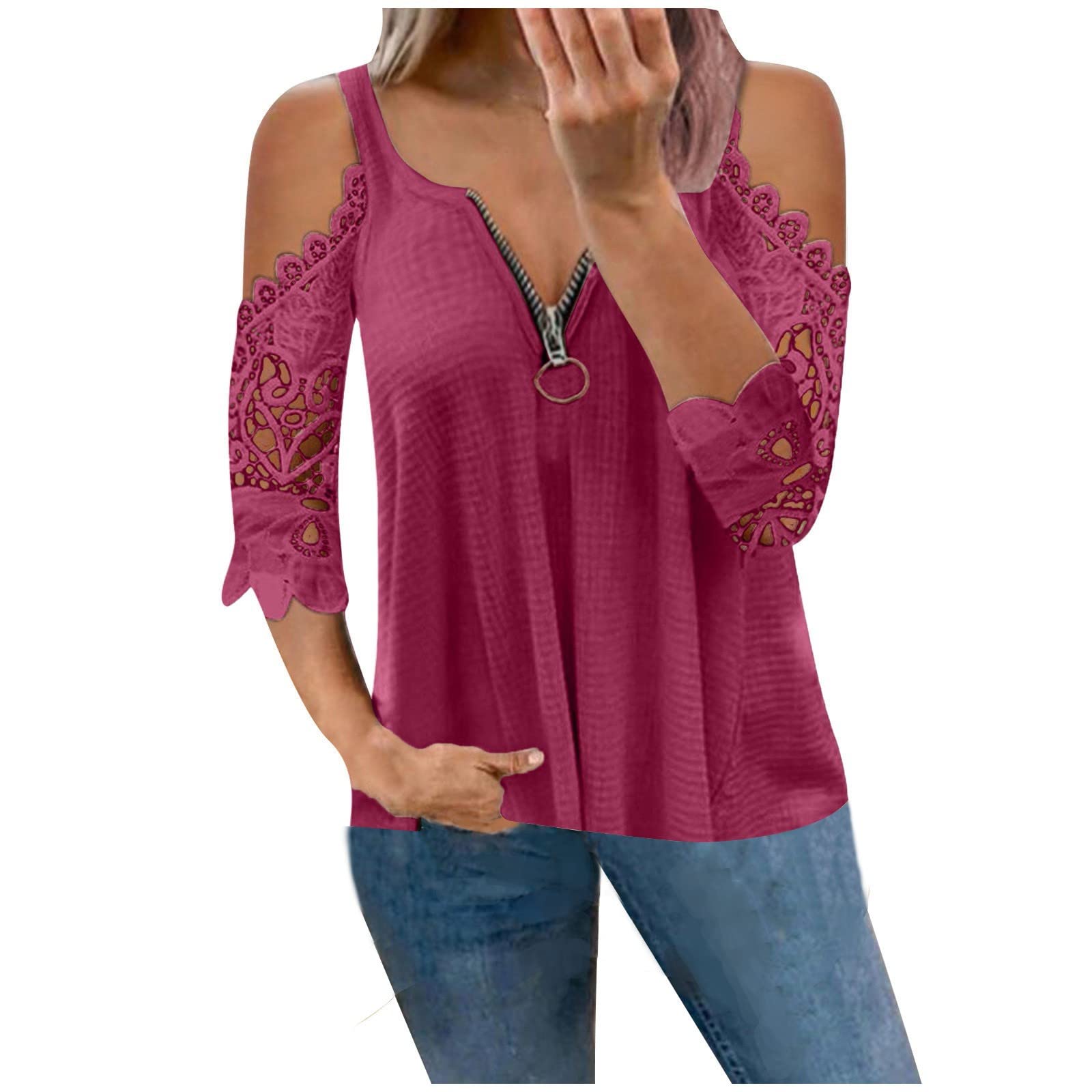 YRAETENM Women's Cold Shoulder Long Sleeve T-Shirt - Hollow Out Lace Zipper Blouse - Fashionable Loose Top for Casual Wear, Date Night & Party Outfits