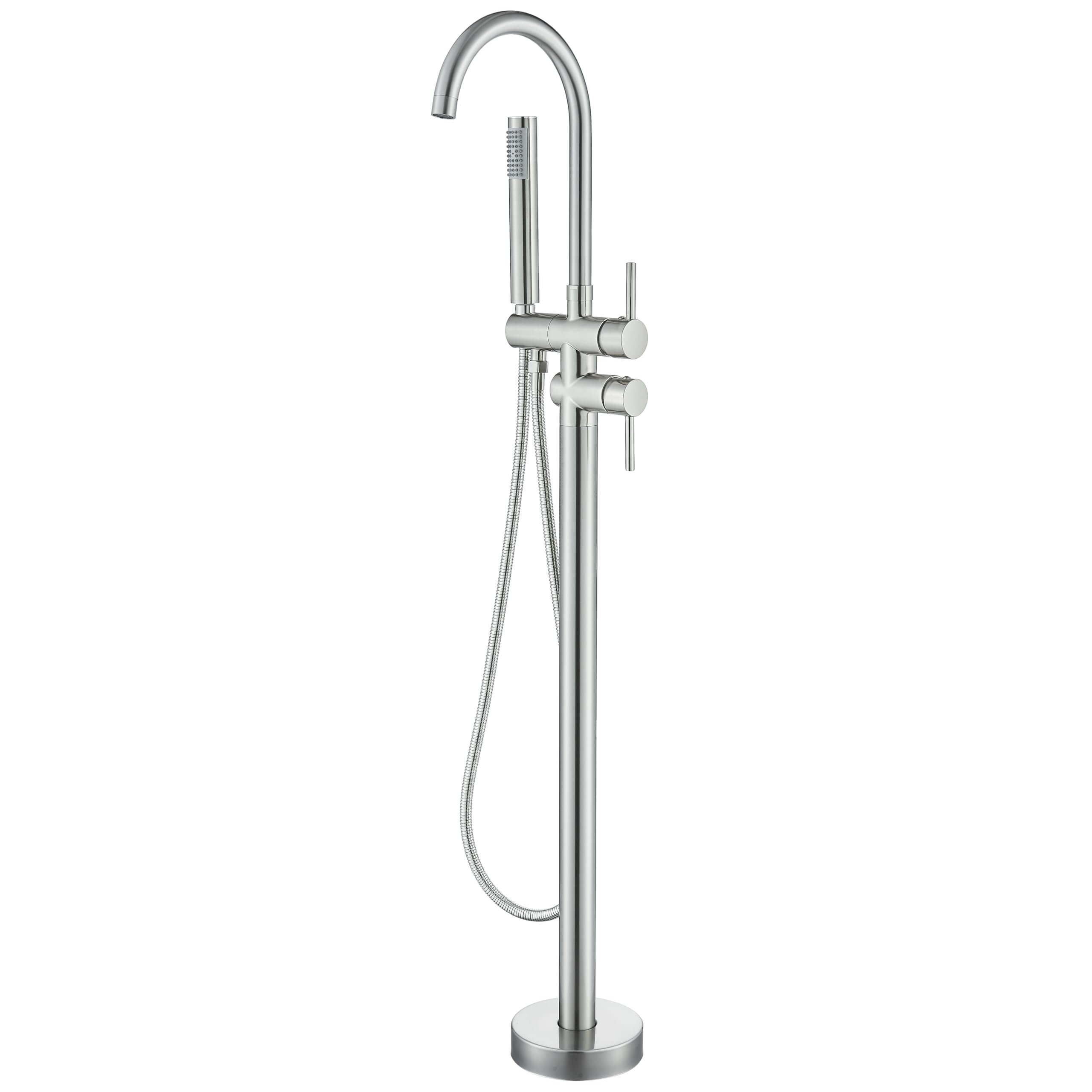 YAGATAP Freestanding Bathtub Faucet - Floor Mount Tub Filler with Handheld Shower Mixer in Brushed Nickel - High Flow Shower Faucet with Swivel Spout for Modern Bathroom Luxury | Perfect for Spa-Like Relaxation and Elegant Bathroom Upgrades