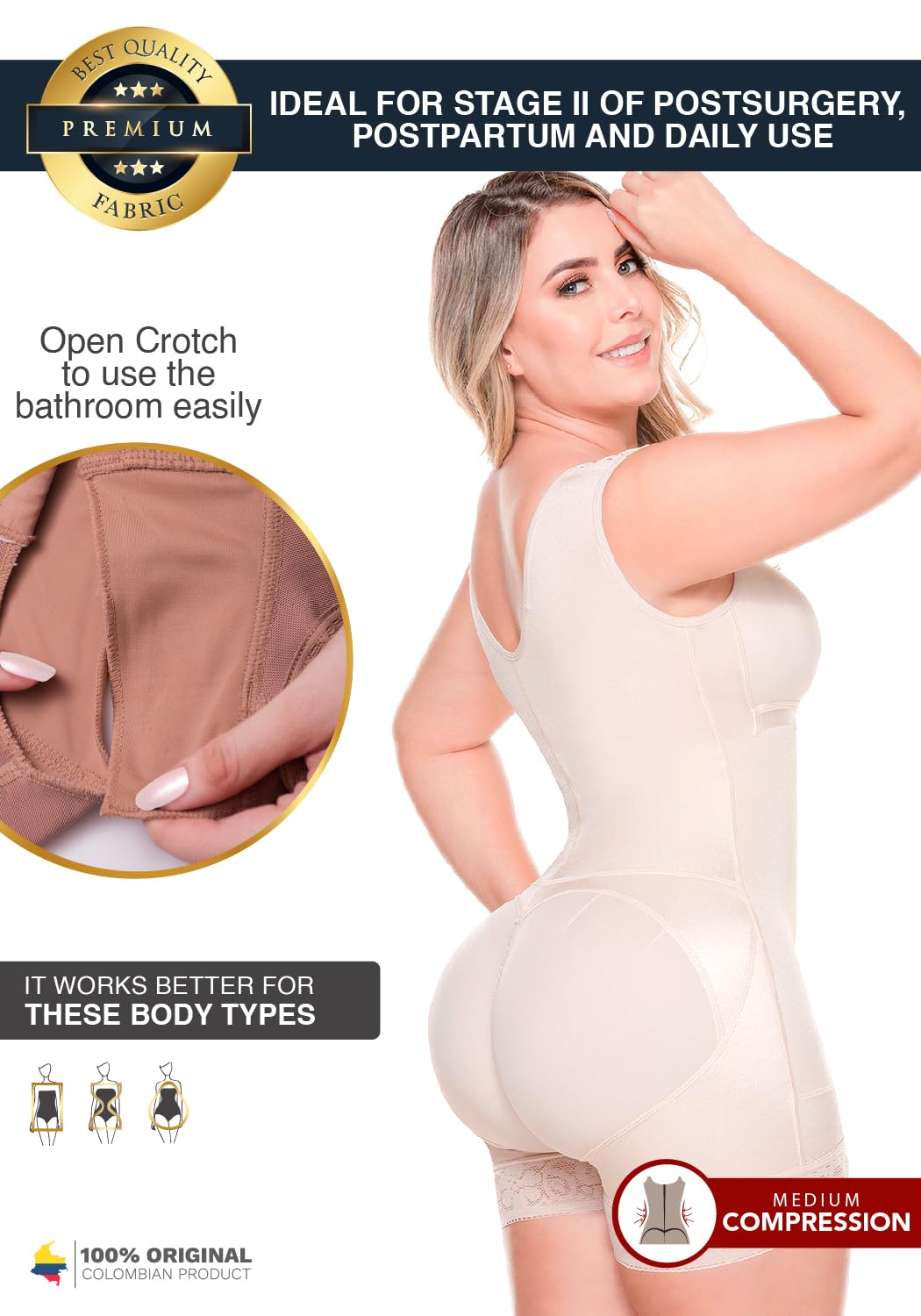 Sonryse Colombian Post-Surgery Compression Garment for Liposuction & BBL - Stage 2 Shapewear for Women | Medical Recovery & Body Contouring After Cosmetic Surgery