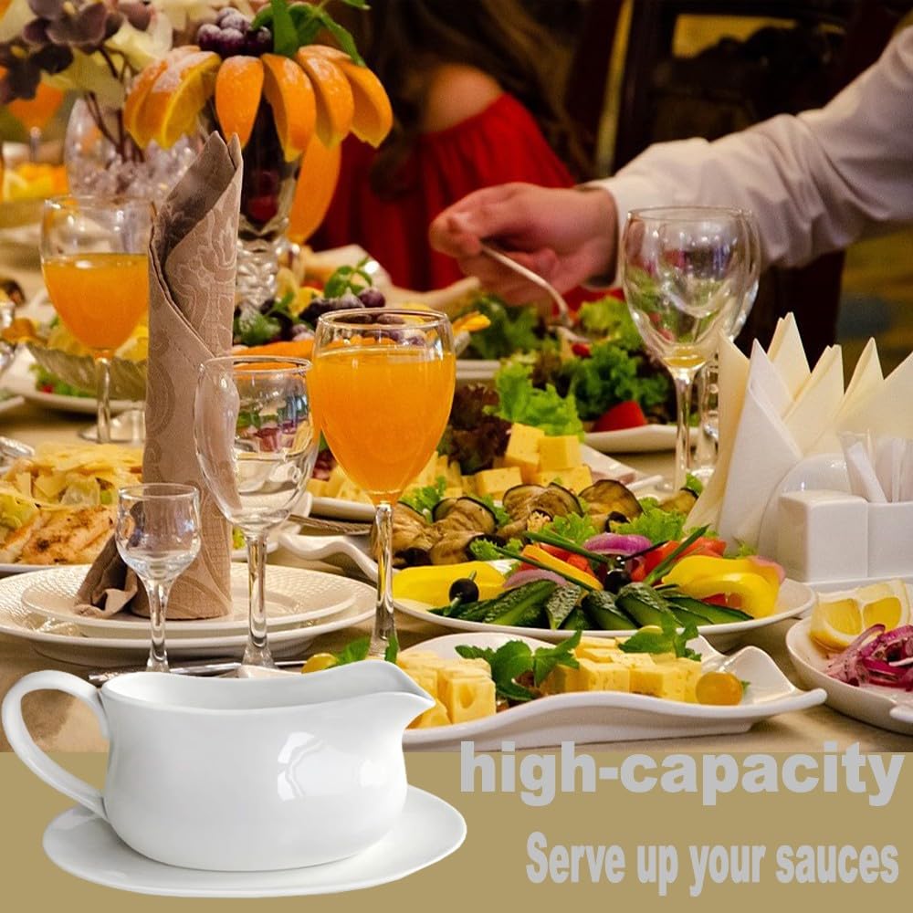 Qlans 17 Oz White Porcelain Gravy Boat with Dripless Spout - Large Sauce Pourer for Gravy, Salad Dressing, Milk - Microwave & Freezer Safe - Perfect for Thanksgiving Dinner, Buffet Serving, and Family Gatherings