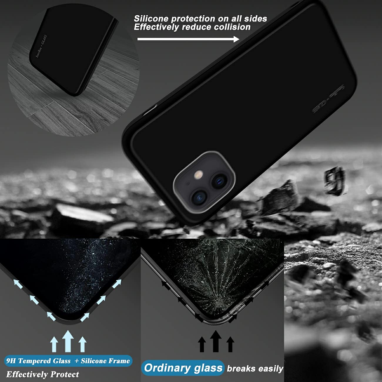 SmoBea iPhone 12/12 Pro Case with Tempered Glass Back - Shockproof Slim Protective Cover & Soft Silicone Bumper for iPhone 12/12 Pro 6.1 inch - Black | Perfect for Everyday Use, Work, and Travel Protection