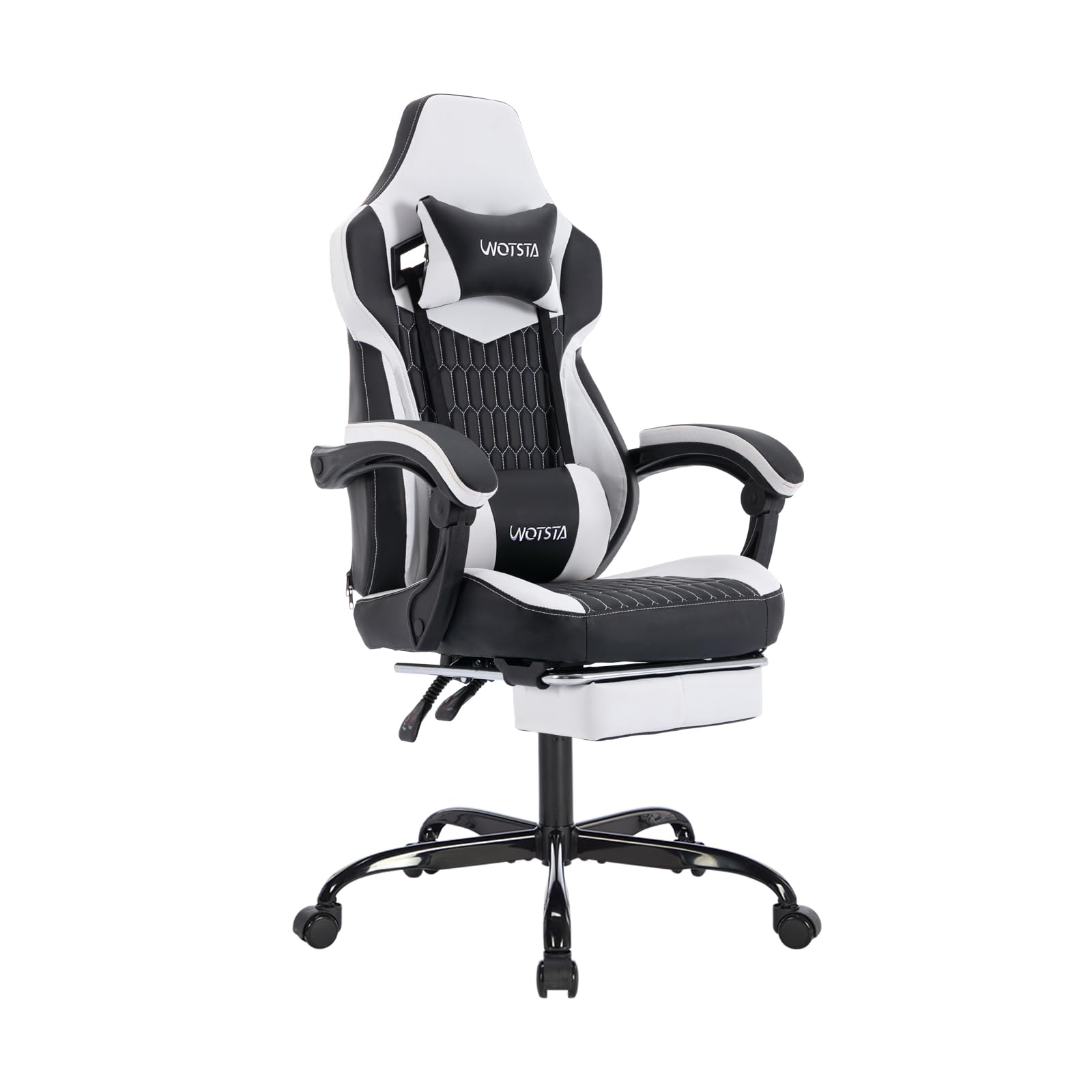 Premium Ergonomic Gaming Chair with Adjustable Footrest & Lumbar Support - High Back Racing Style PC/Office Chair with Headrest - PU Leather Video Game Chair for Home & Work (Black/White) - Perfect for Long Gaming Sessions, Streaming & Remote Work