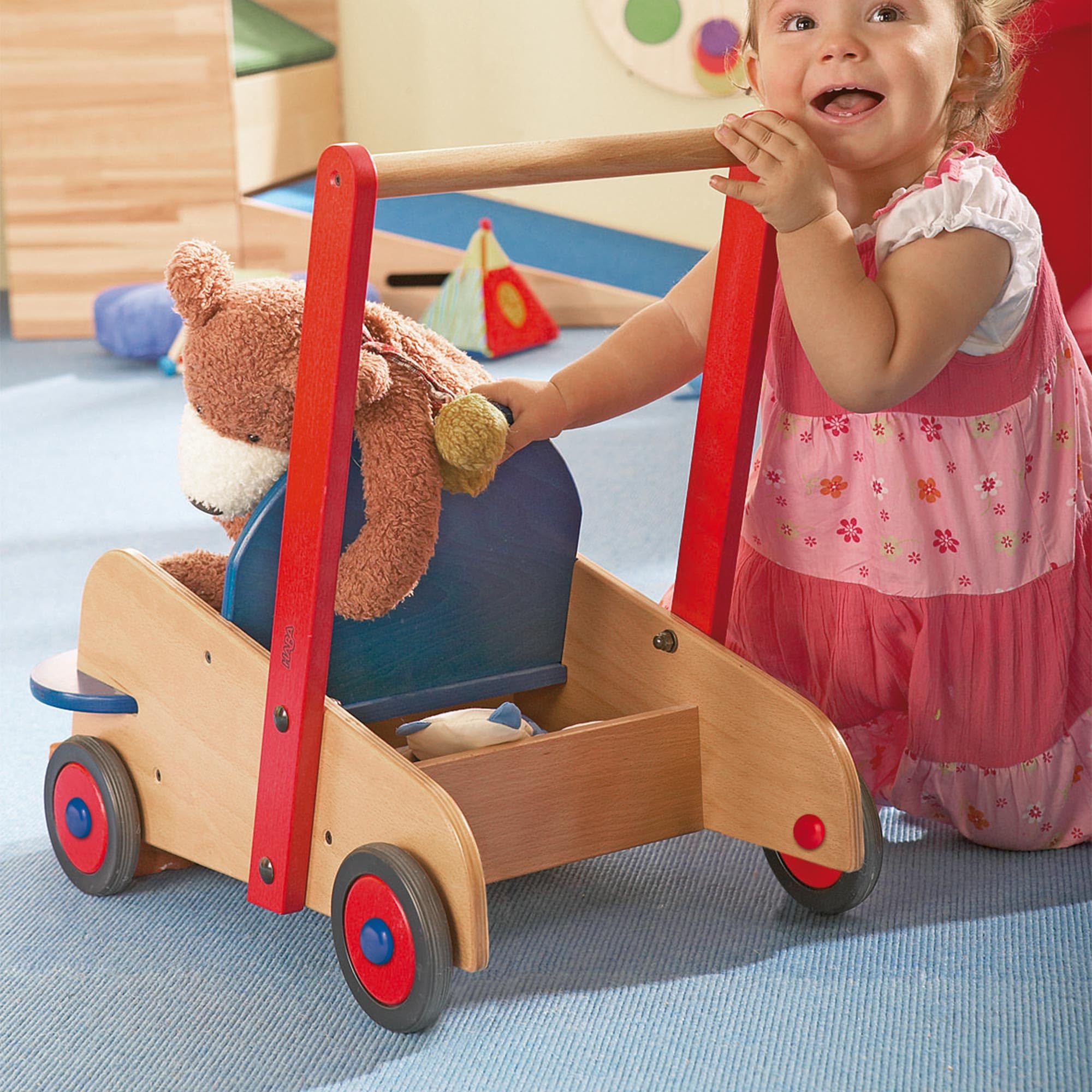 HABA Wooden Baby Walker Wagon - Sit to Stand Learning Push Toy with Seat & Storage for Toddlers 1-3 Years (10+ Months) | First Steps Helper & Playroom Activity Center