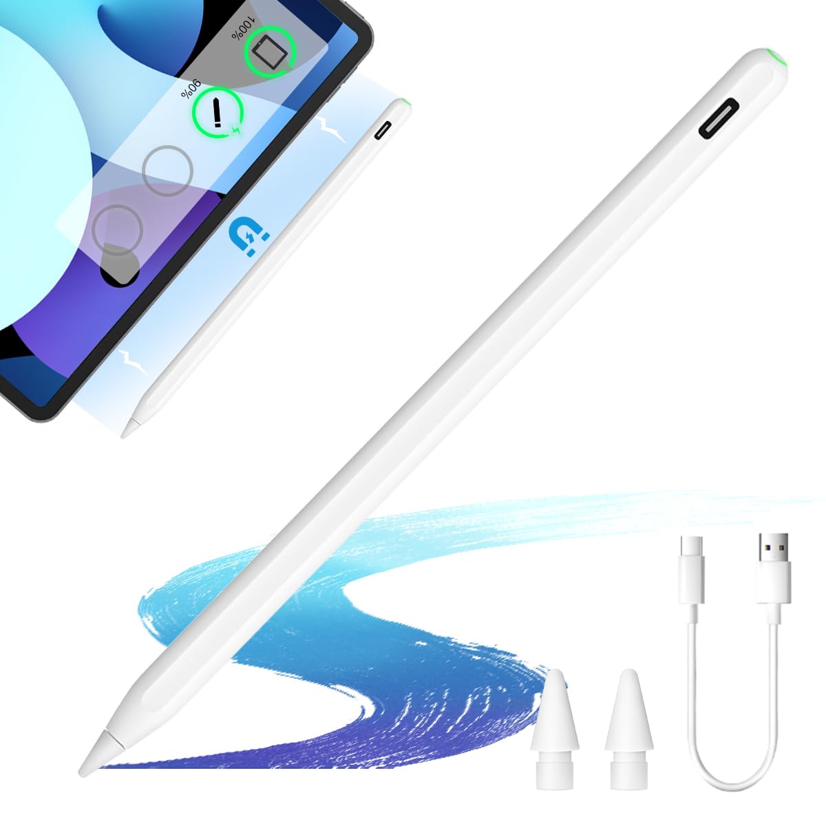 Wireless Charging Stylus Pen for iPad Pro 11/12, iPad 6/7/8/9/10, iPad Air 3/4/5, iPad Mini 5/6 - Palm Rejection & Tilt Detection with Quick Button - Perfect for Drawing, Note-Taking & Digital Art