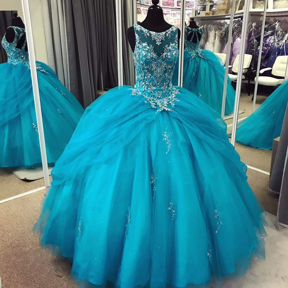 Elegant Crystal Beaded Quinceanera Dresses for Women - Sheer Neck Tulle Ruffles Ball Gowns for Sweet 16 & Special Occasions | Perfect for Quinceañeras, Proms, and Formal Events