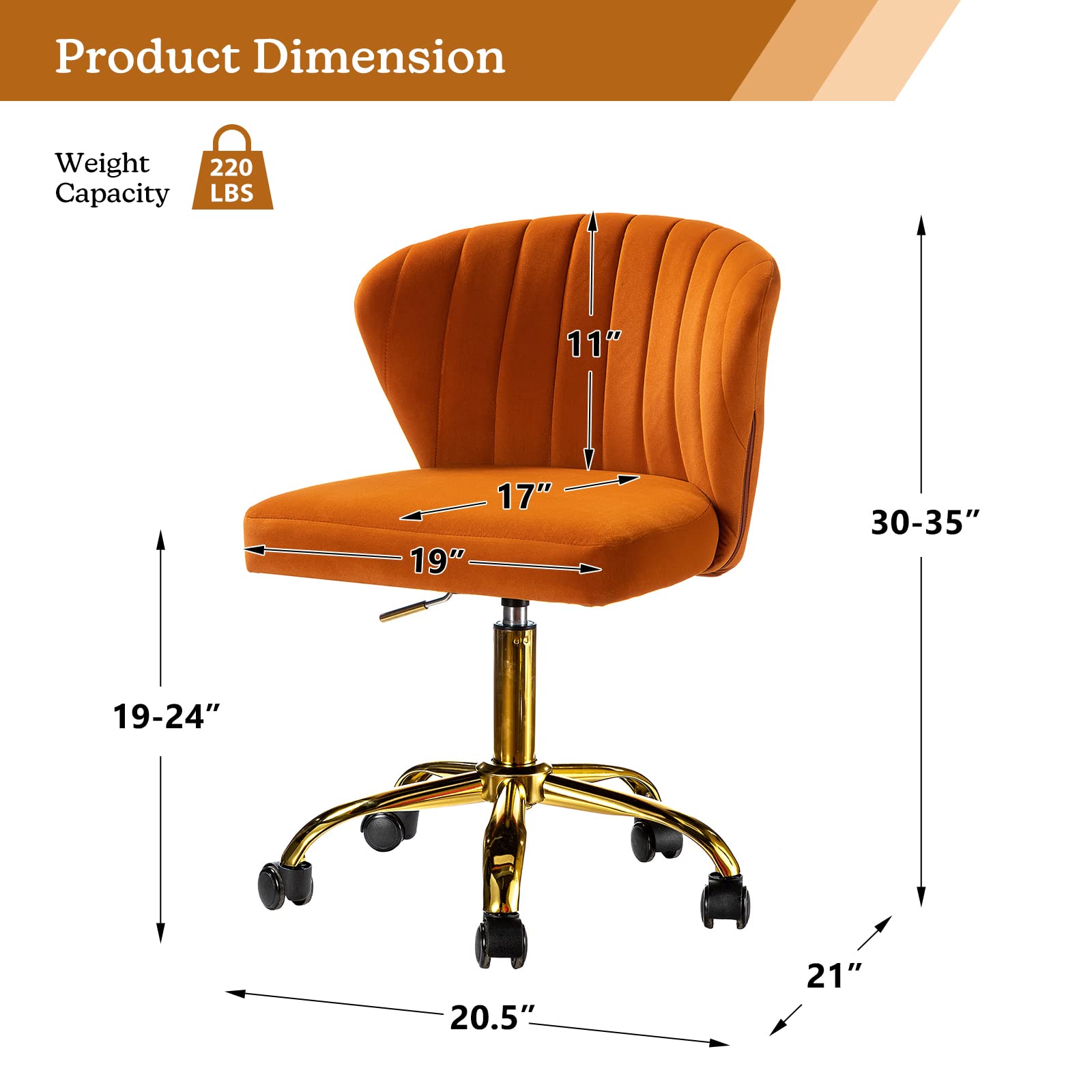 Modern Velvet Armless Office Chair with Wheels & Gold Base - Adjustable Low Back Swivel Rolling Task Chair for Home Office, Living Room, Vanity or Study - Soft Upholstered Desk Chair in Stylish Orange