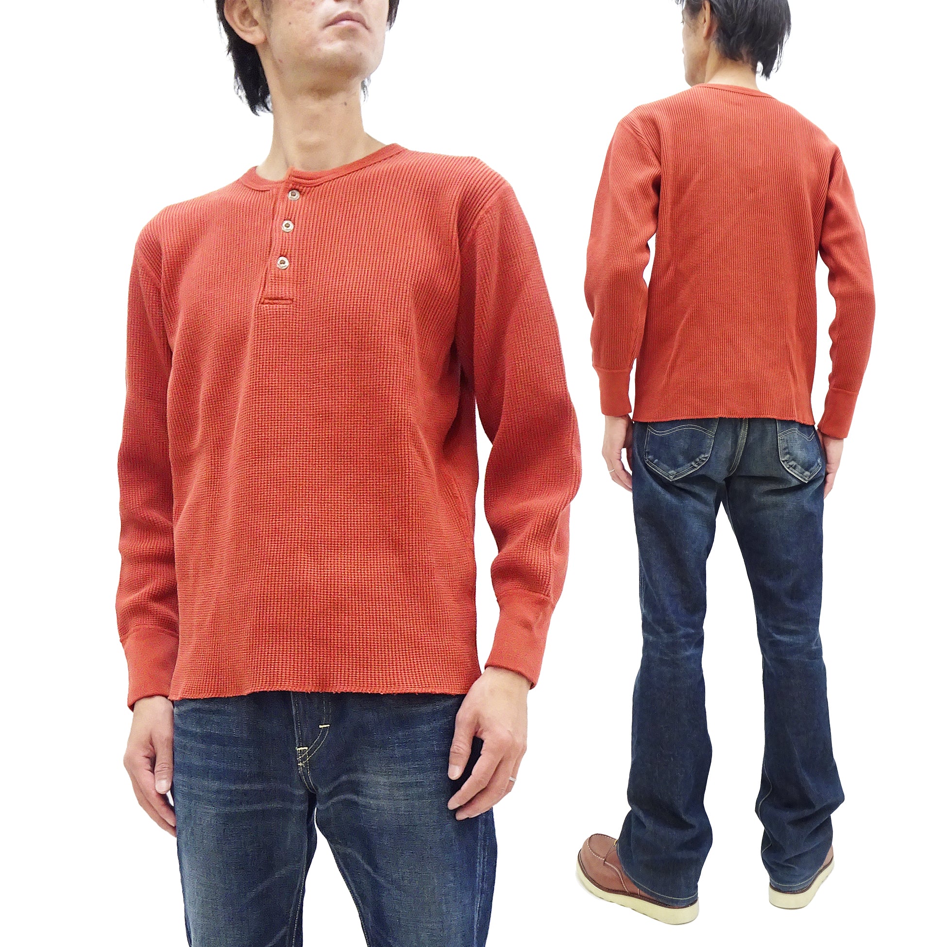 Studio D'artisan Men's Waffle Knit Thermal Henley T-Shirt - Long Sleeve Casual Shirt with 3-Button Placket, Heavyweight Thermal Tee in Burnt Sienna (Deep Red Brown) - Perfect for Fall Layering and Outdoor Activities