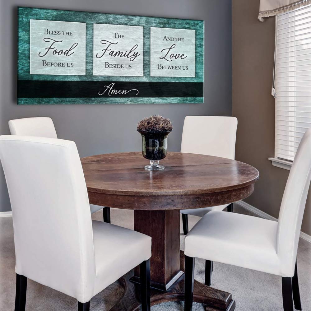 Bless the Food V2 Teal Framed Kitchen Wall Art Sign - 42x19 Inch Rustic Dining Room Decor for Farmhouse & Modern Homes - Perfect for Kitchens, Dining Areas & Entryways