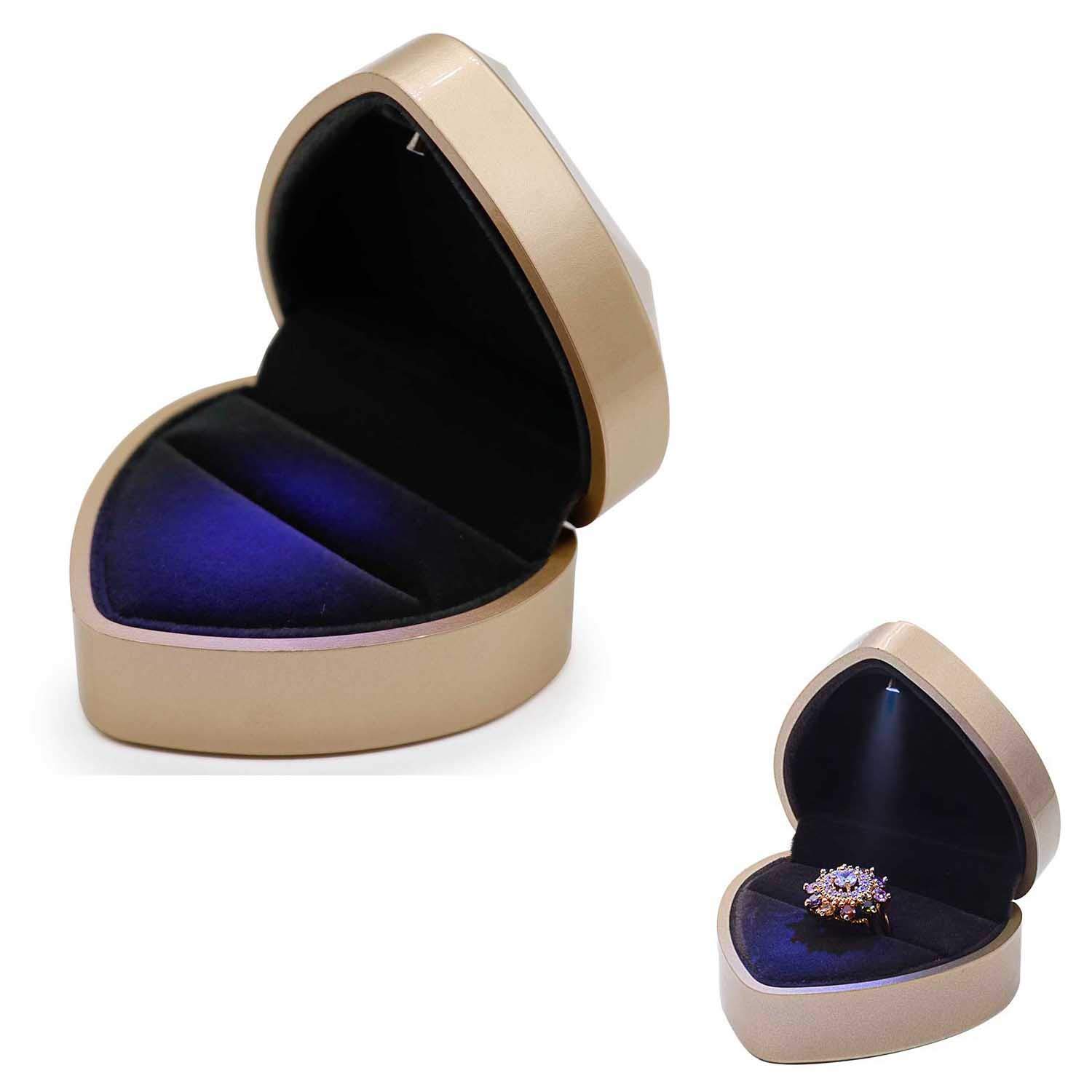 Heart-Shaped Velvet Ring Box with LED Light - Elegant Proposal & Engagement Jewelry Gift for Wedding, Anniversary (Champagne) - Perfect for Surprise Proposals, Romantic Moments & Special Occasions