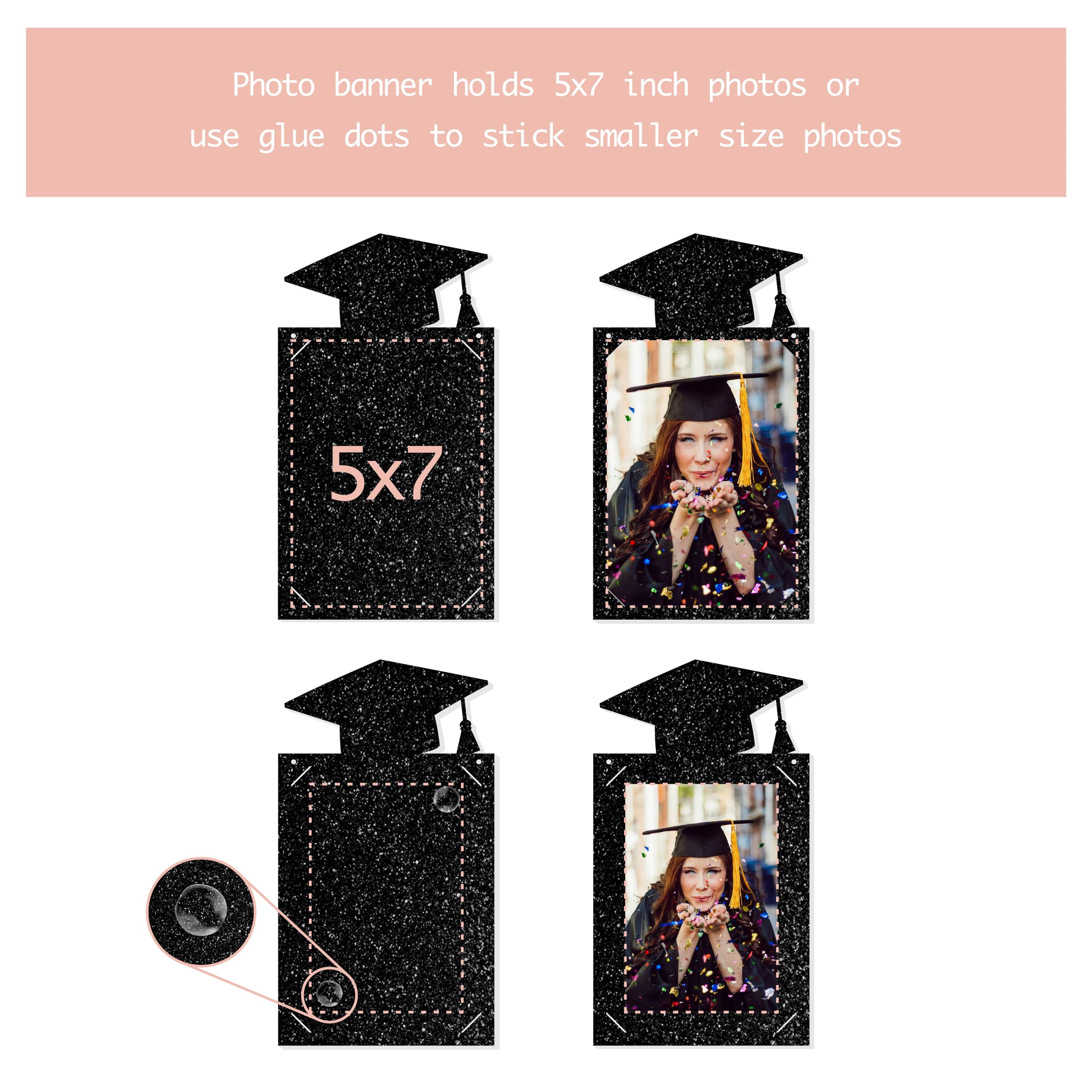 Personalized Graduation Photo Banner - Class of 2024 Graduation Decorations | Black Glitter Photo Banner with Graduation Cap | Perfect for Graduation Parties, School Events & Home Decor