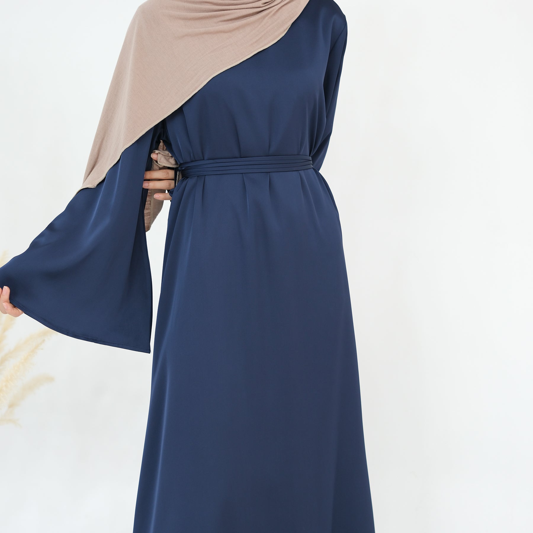 Elegant Calista Trumpet Sleeves Satin Dress in Denim Blue - Perfect for Weddings, Parties & Special Occasions