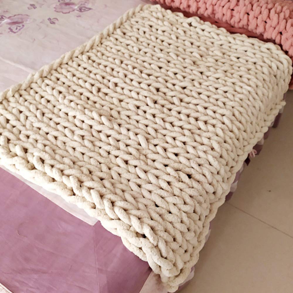 1.2x1.5m Beige Chunky Knit Chenille Blanket - Ultra Soft Yarn Throw for Bed, Sofa & Chair - Cozy Home Decor & Baby Blanket - Perfect for Nursery, Living Room & Gift Giving