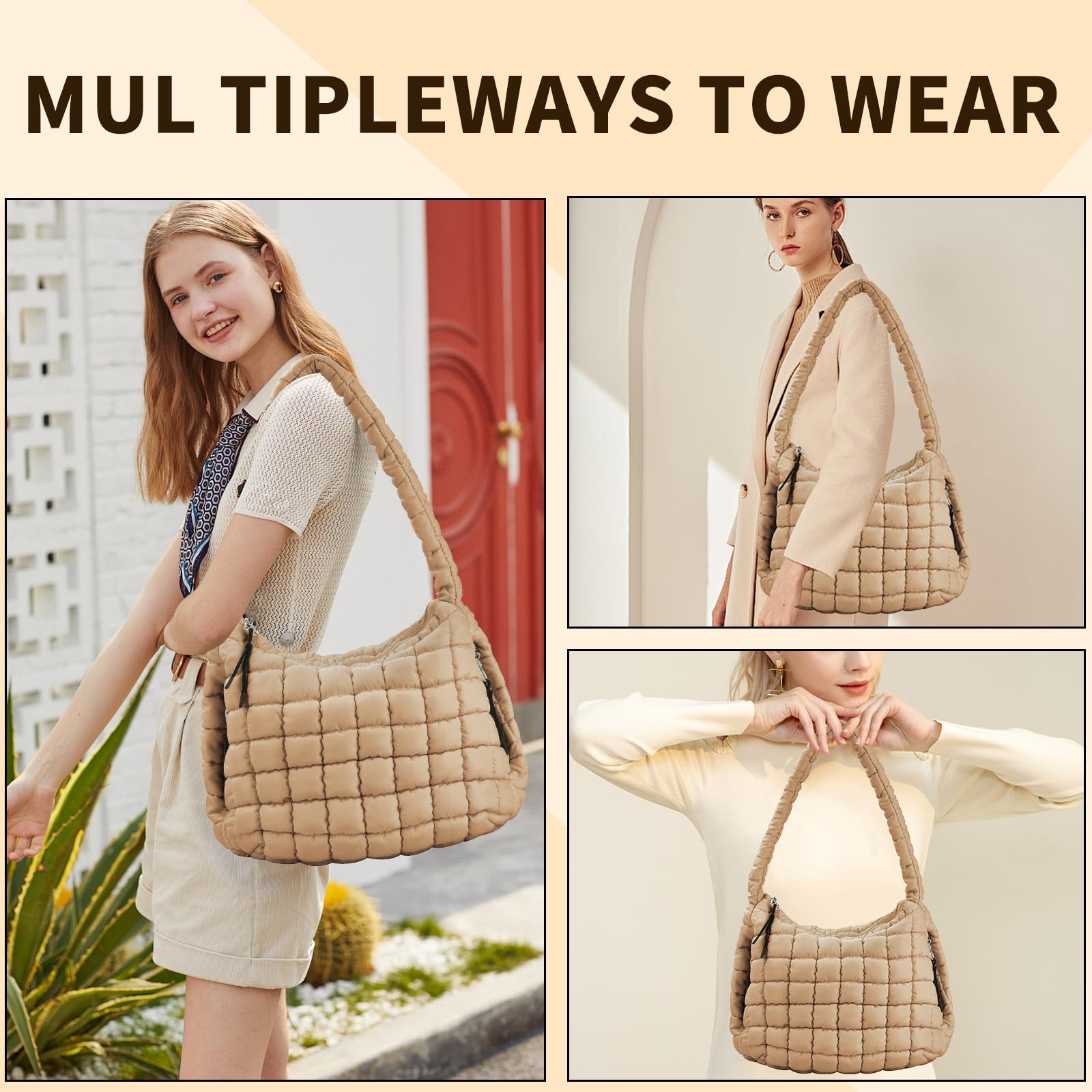 Soft Puffy Zipper Tote Bag for Women - Lightweight Quilted Crossbody Shoulder Bag | Perfect for Work, Travel & Shopping