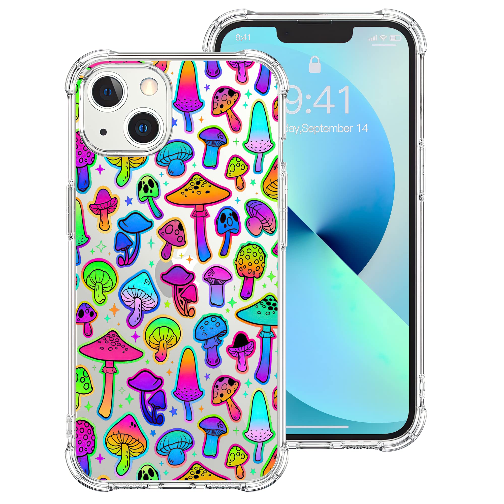 Shockproof Clear TPU iPhone 13 Case with Colorful Mushroom Design - Reinforced Corners for Women & Girls - Perfect for Everyday Use, Travel & Outdoor Activities (6.1 Inch)