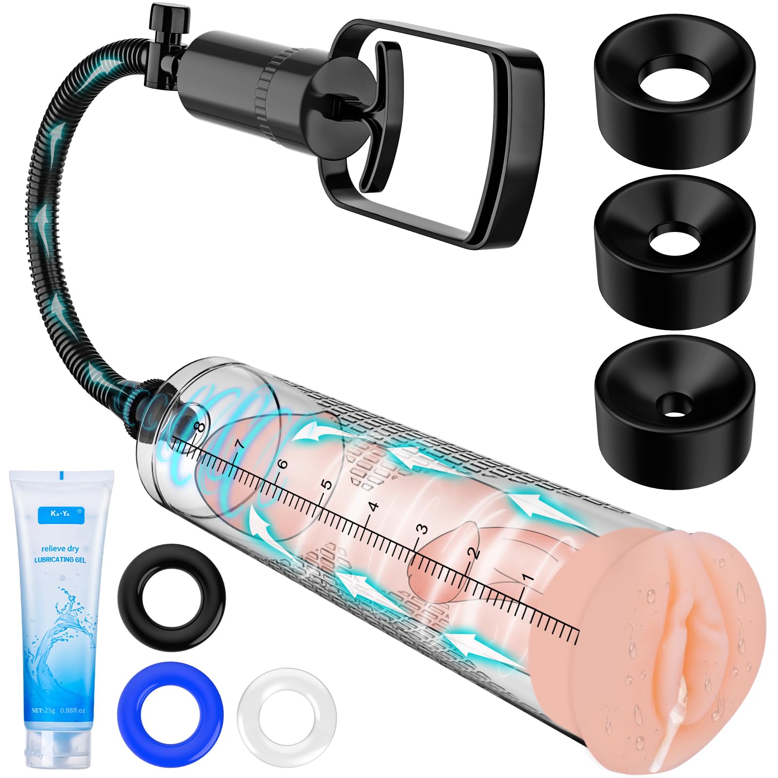 Premium Penis Pump for Men - 9 Piece Vacuum Enlargement Kit with Masturbation Cup, 3 Suction Sleeves, 3 Cock Rings & Lubricant - Stronger, Longer Lasting Erections - Perfect for Solo Play & Couples Intimacy