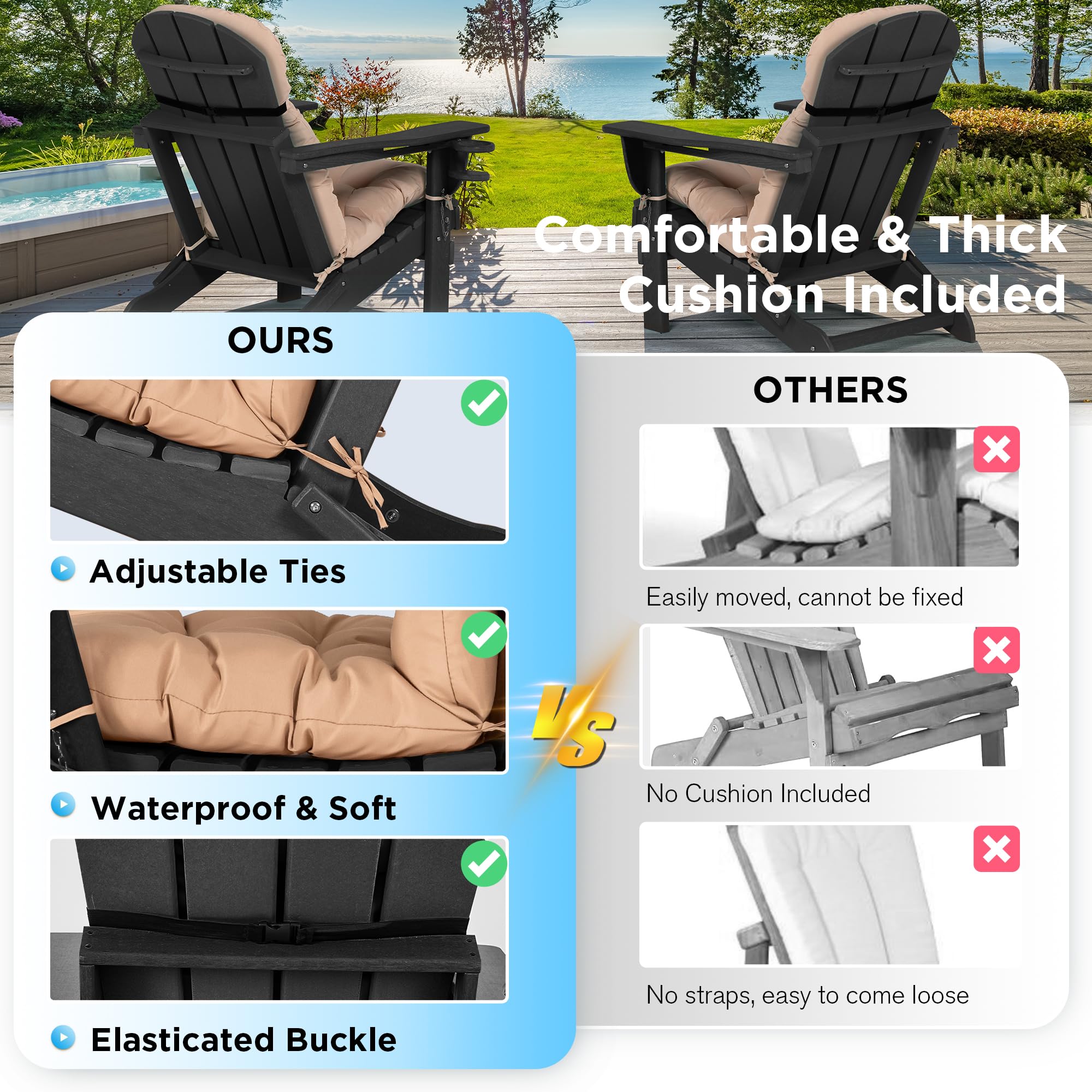 Nalone Folding Adirondack Chair with Cushion & Cup Holder - HDPE Plastic Oversized Weather-Resistant Outdoor Patio Chair for Deck, Garden, Fire Pit, Camping & Backyard Relaxation (Black)