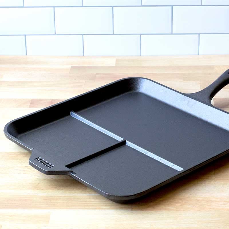 Lodge 11 Inch Square Cast Iron Divided Griddle - Pre-Seasoned, Heavy Duty Skillet for Stovetop, Oven & Grill - Perfect for Pancakes, Burgers & Steaks