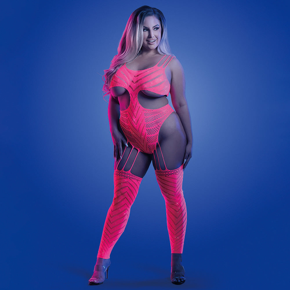 Fantasy Lingerie Glow Wavelength Rhinestone Cutout Bodystocking for Curvy Women - Sexy Nightwear for Valentine's Day & Special Occasions