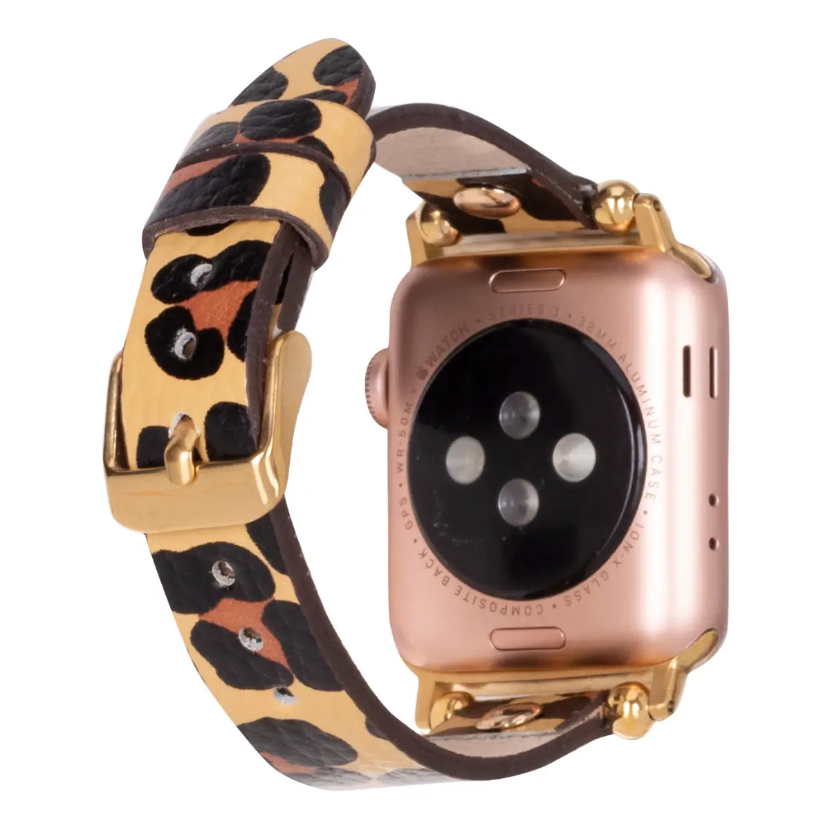 Leopard Print Genuine Leather Ultra Slim Apple Watch Band with Gold Rivets - Stylish & Durable for Workouts, Office & Everyday Wear